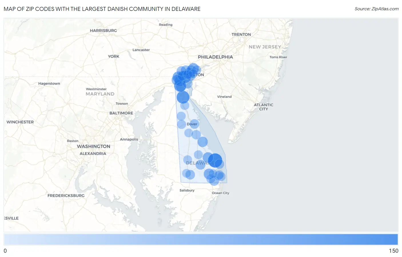 Zip Codes with the Largest Danish Community in Delaware Map