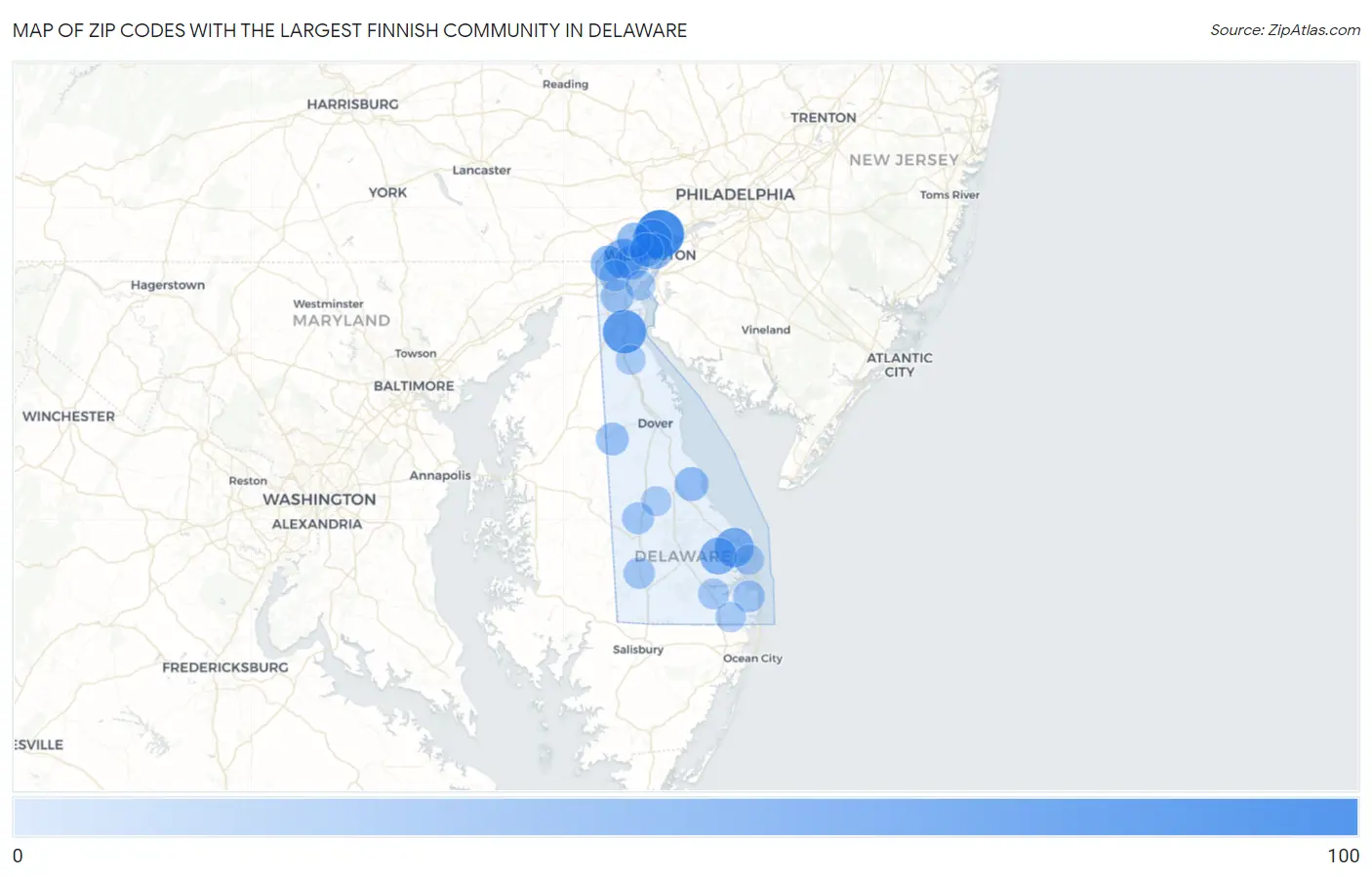 Zip Codes with the Largest Finnish Community in Delaware Map