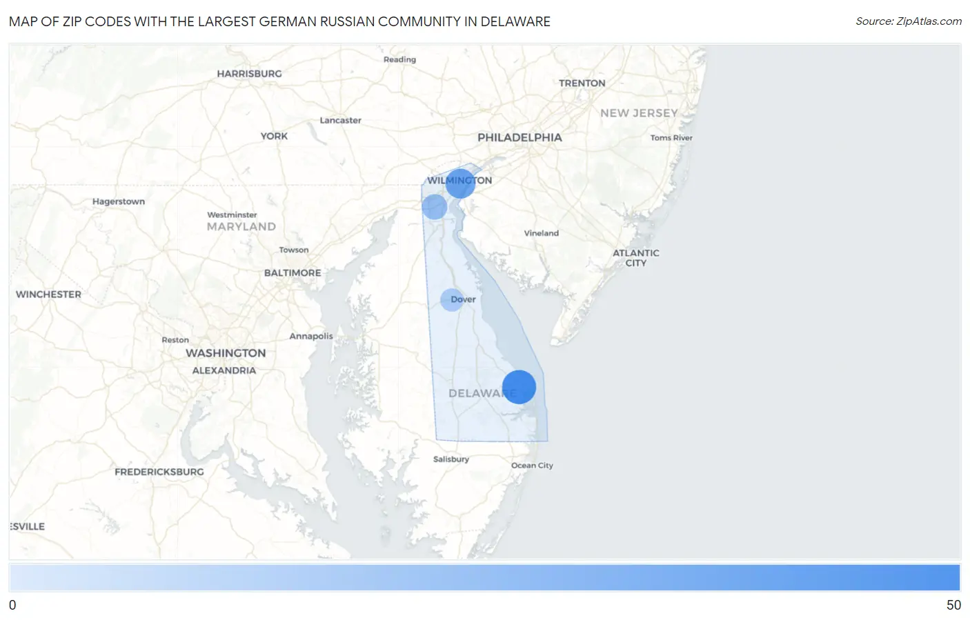 Zip Codes with the Largest German Russian Community in Delaware Map
