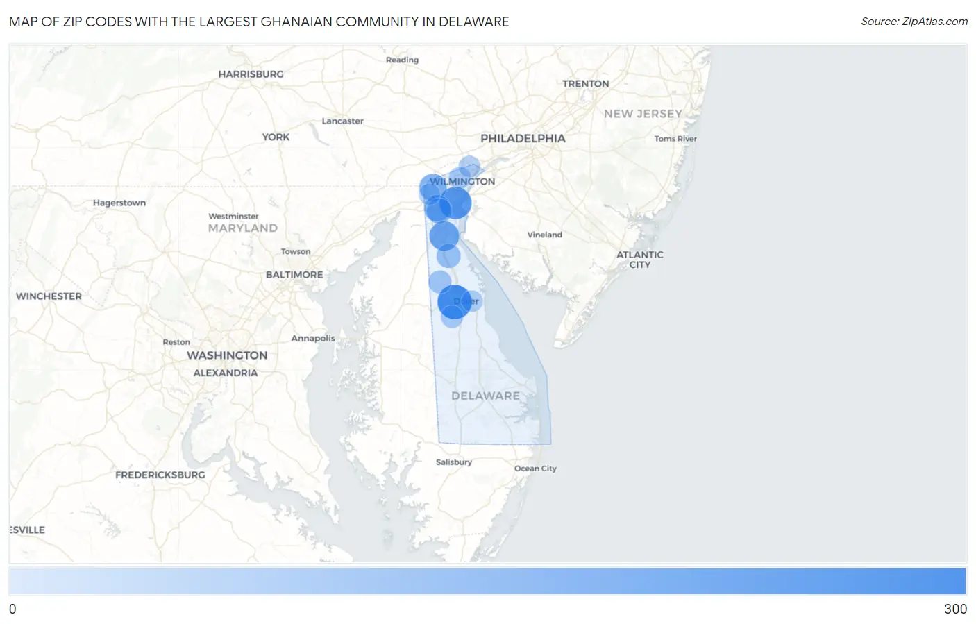 Zip Codes with the Largest Ghanaian Community in Delaware Map