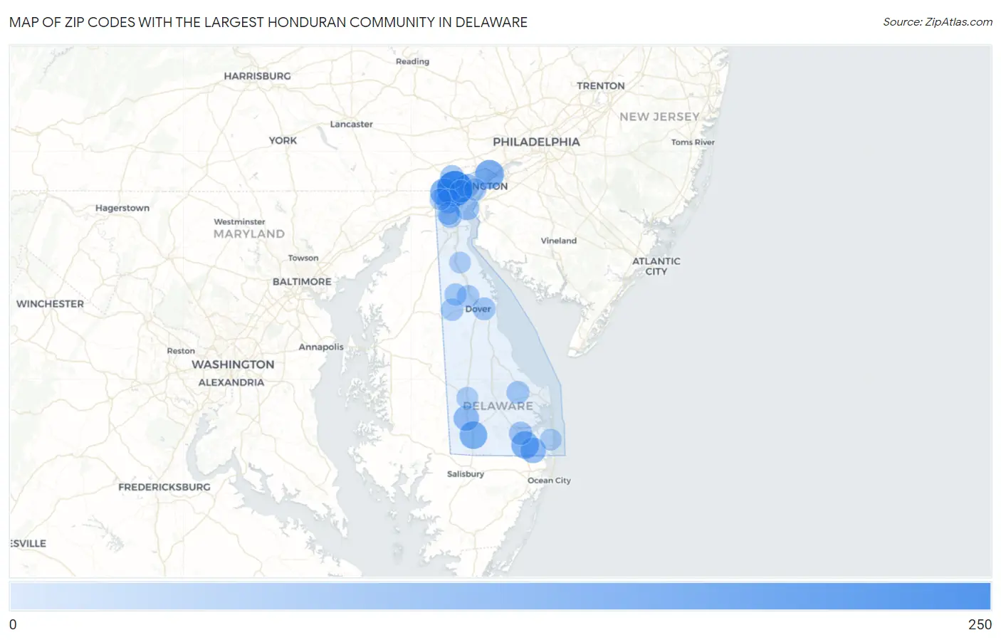 Zip Codes with the Largest Honduran Community in Delaware Map