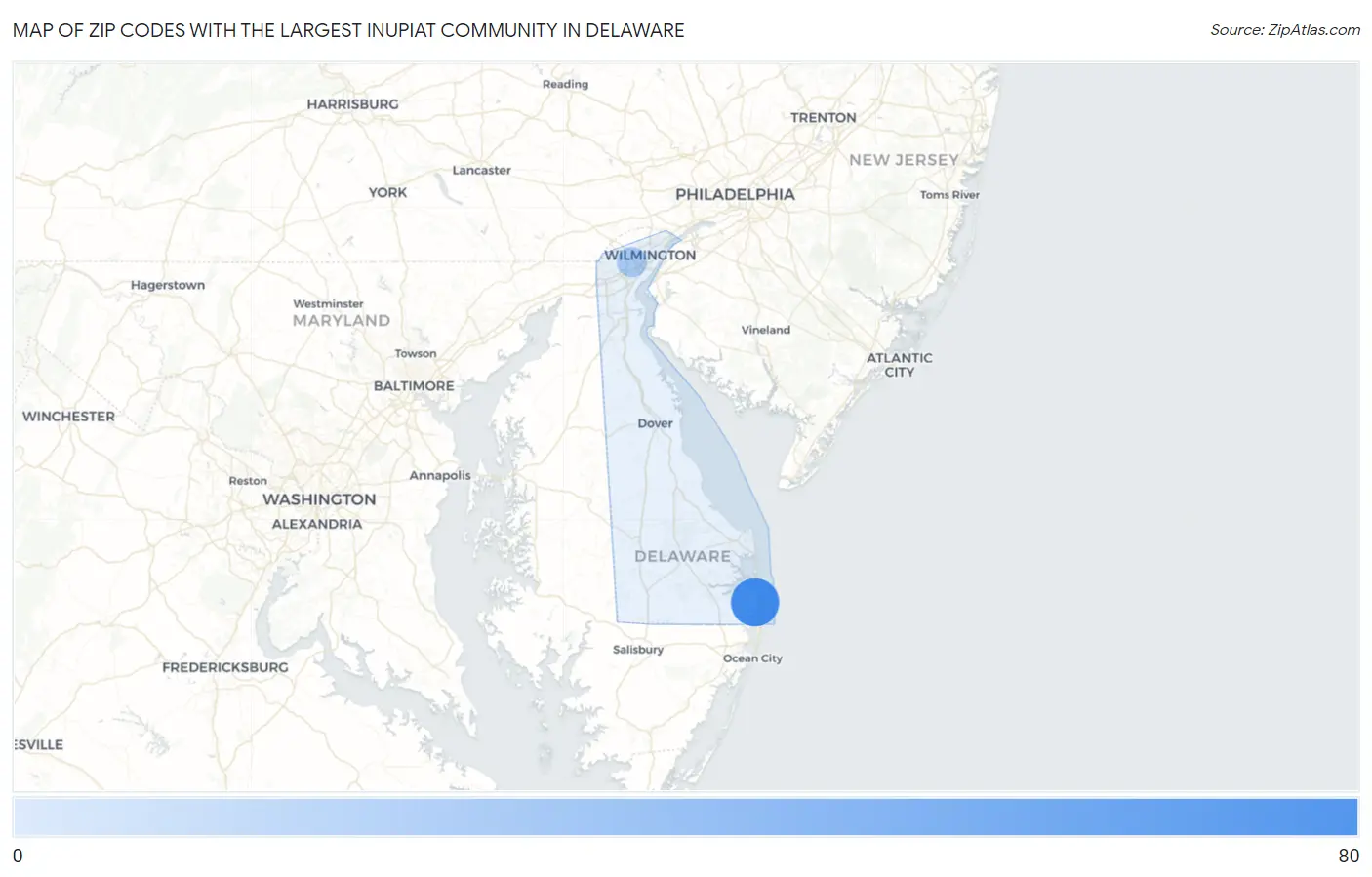 Zip Codes with the Largest Inupiat Community in Delaware Map