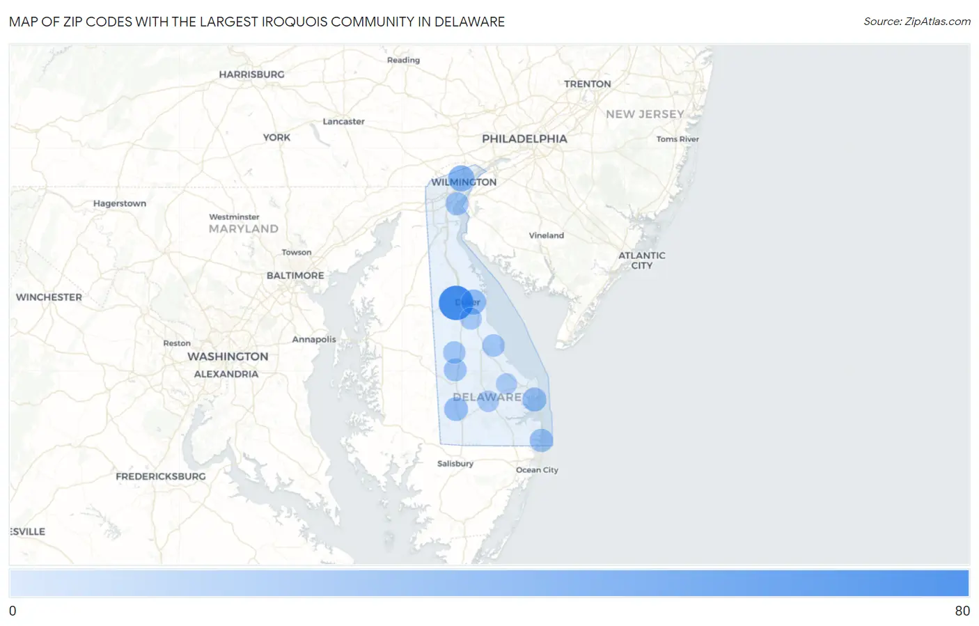 Zip Codes with the Largest Iroquois Community in Delaware Map