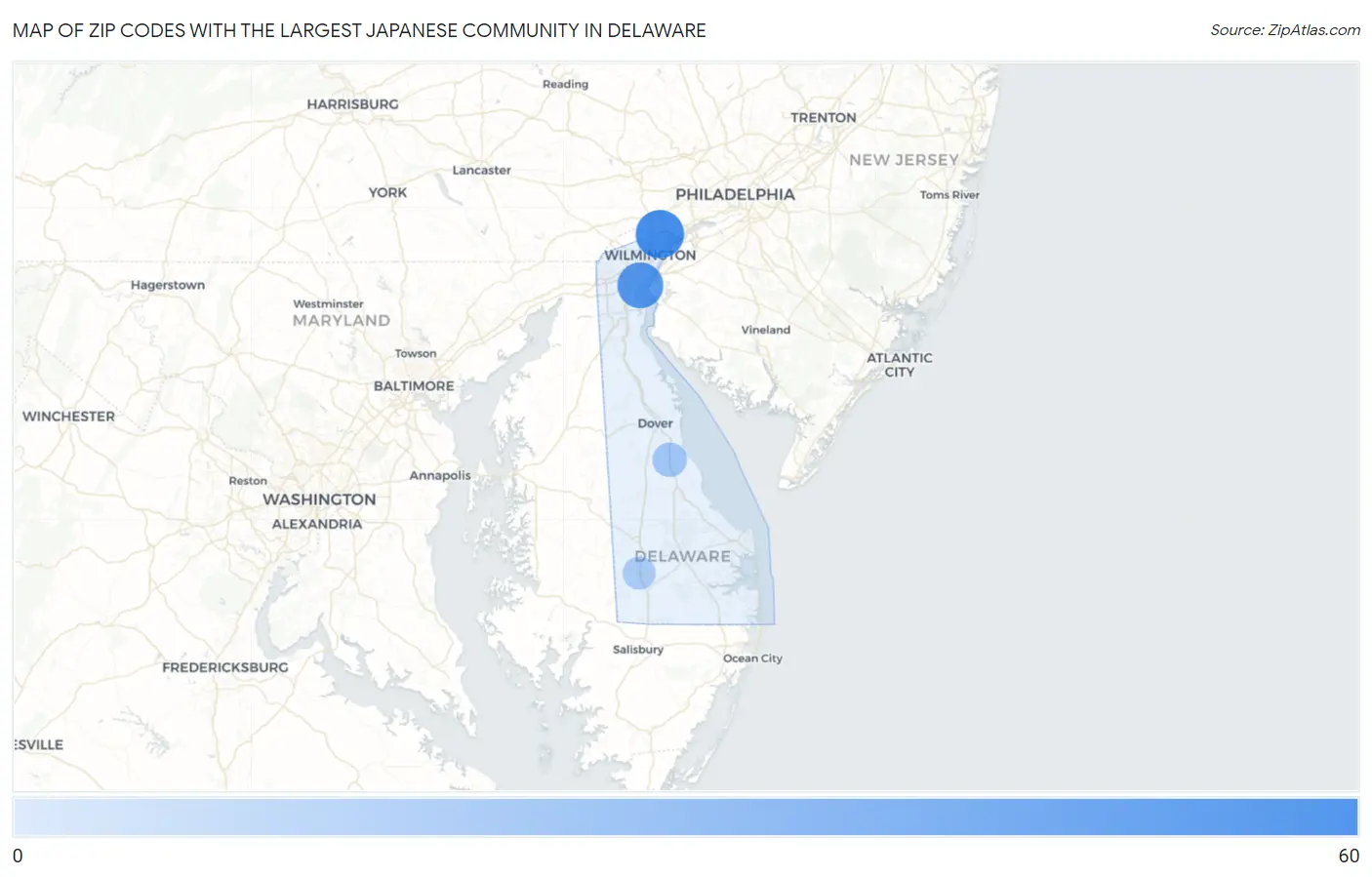 Zip Codes with the Largest Japanese Community in Delaware Map