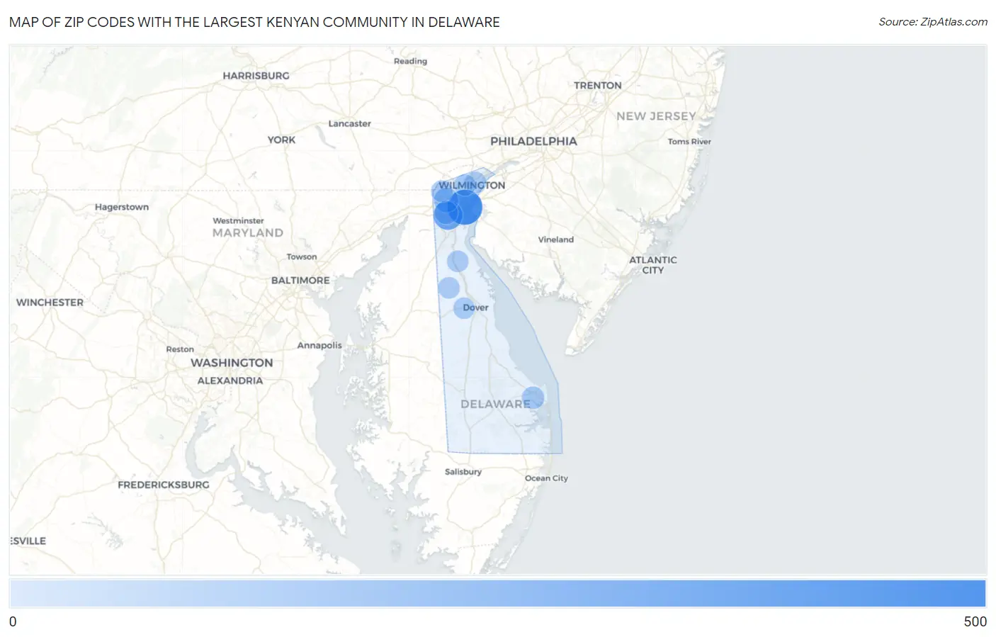 Zip Codes with the Largest Kenyan Community in Delaware Map