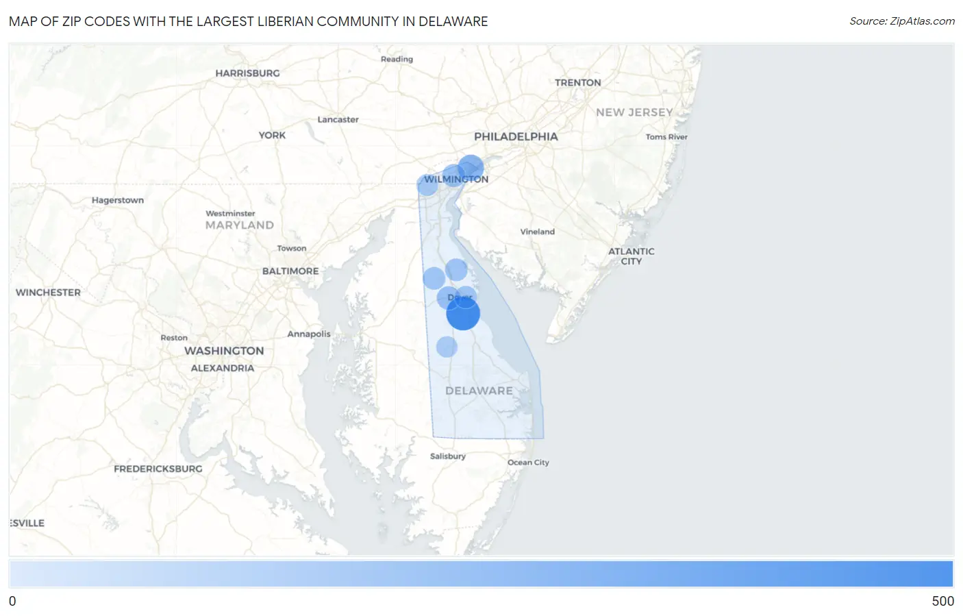 Zip Codes with the Largest Liberian Community in Delaware Map
