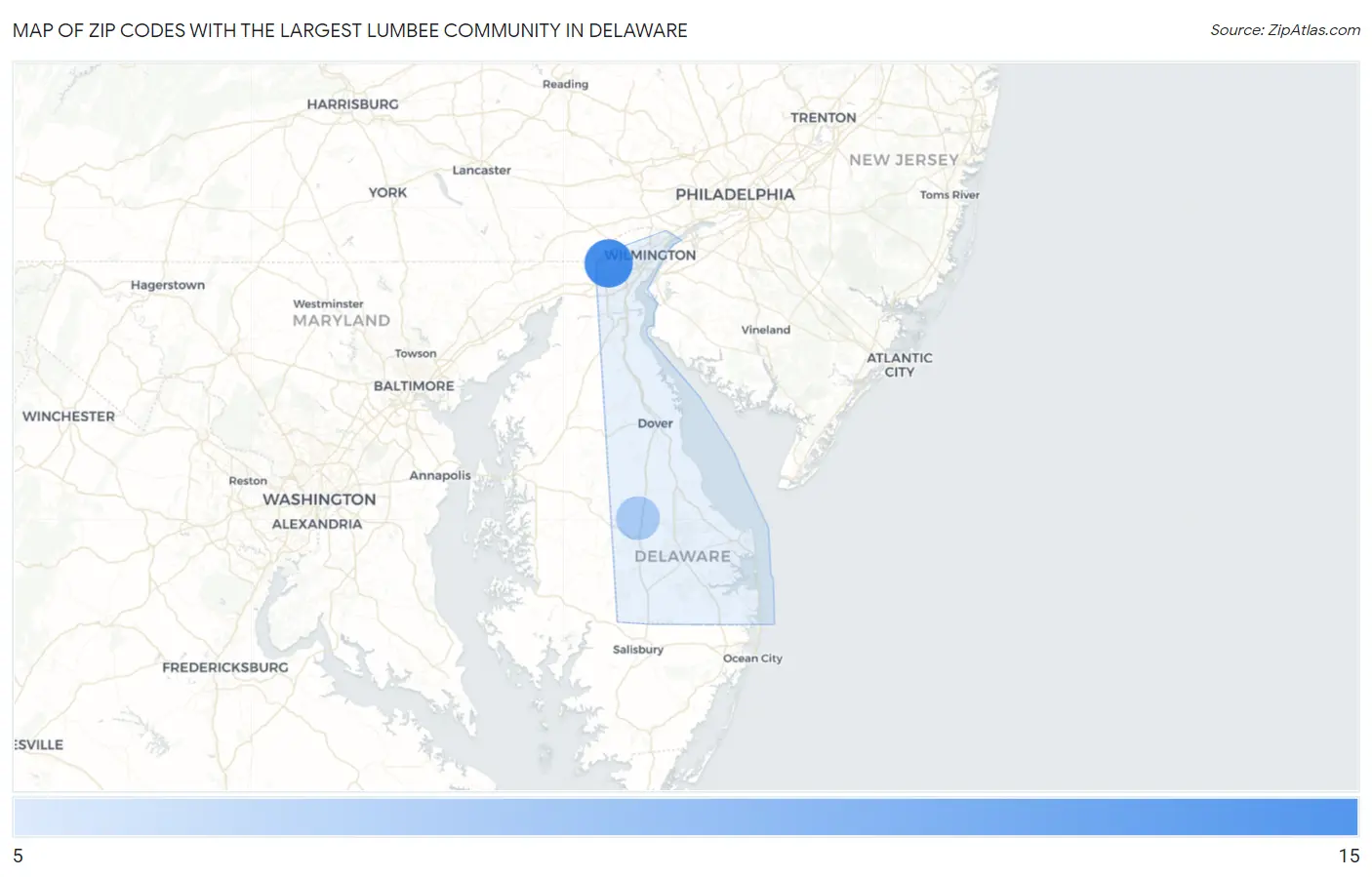 Zip Codes with the Largest Lumbee Community in Delaware Map