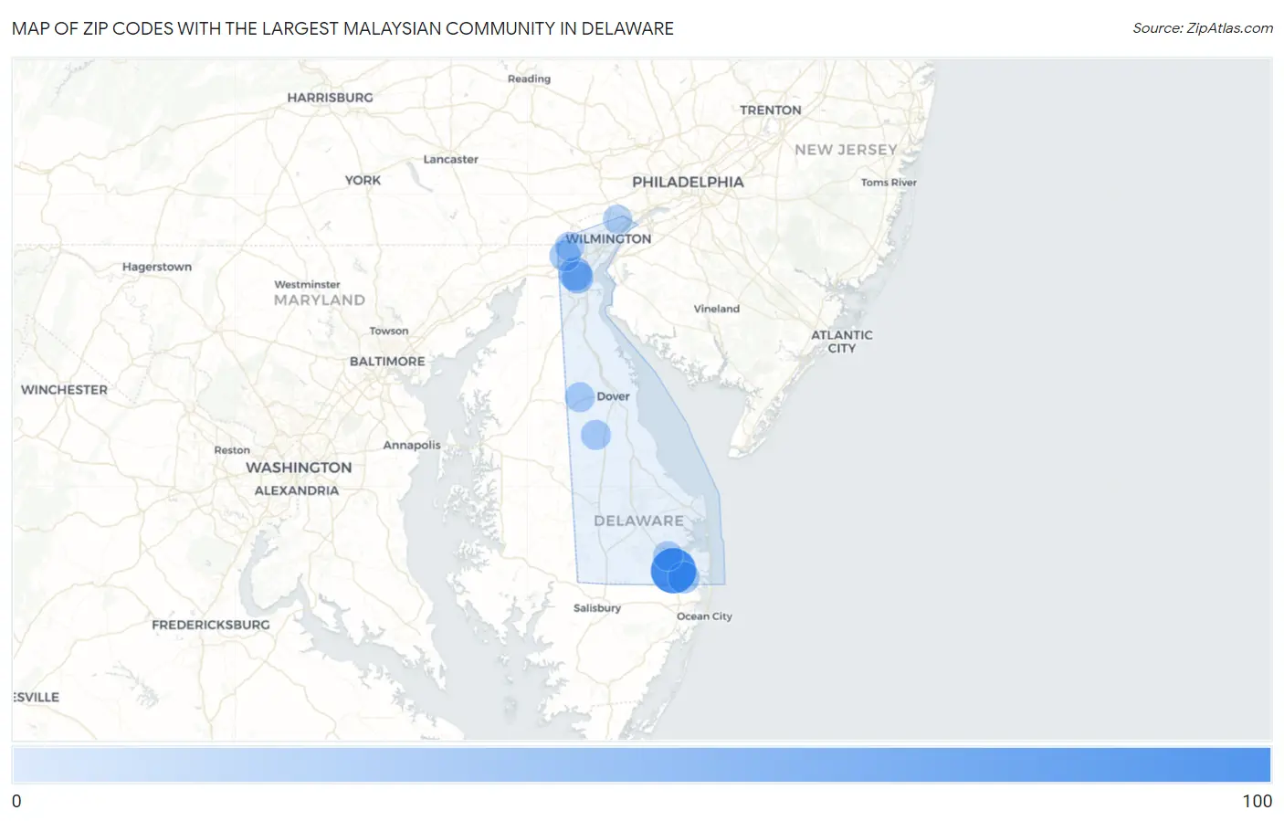 Zip Codes with the Largest Malaysian Community in Delaware Map