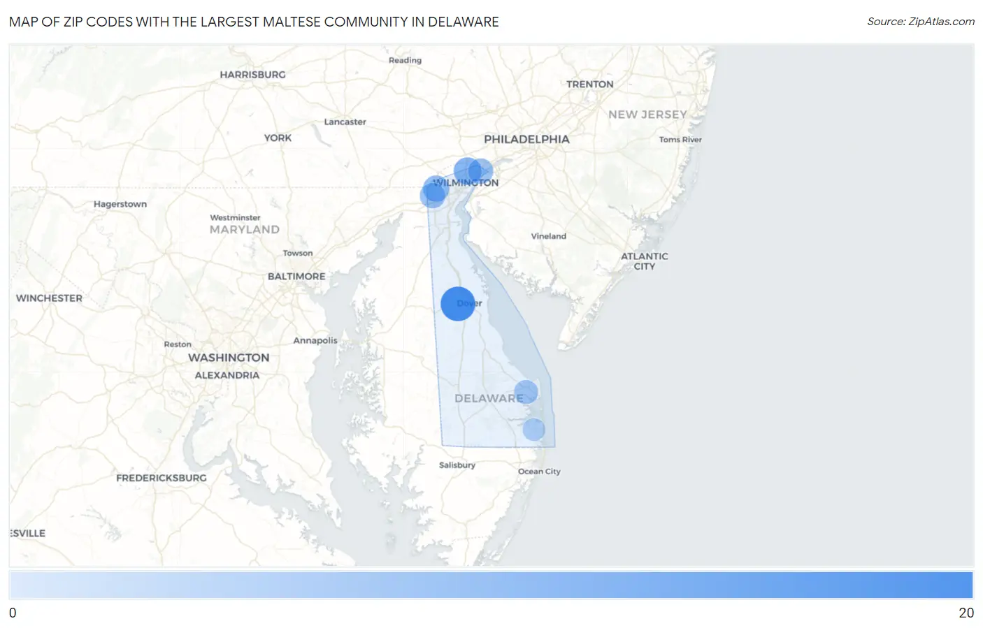 Zip Codes with the Largest Maltese Community in Delaware Map