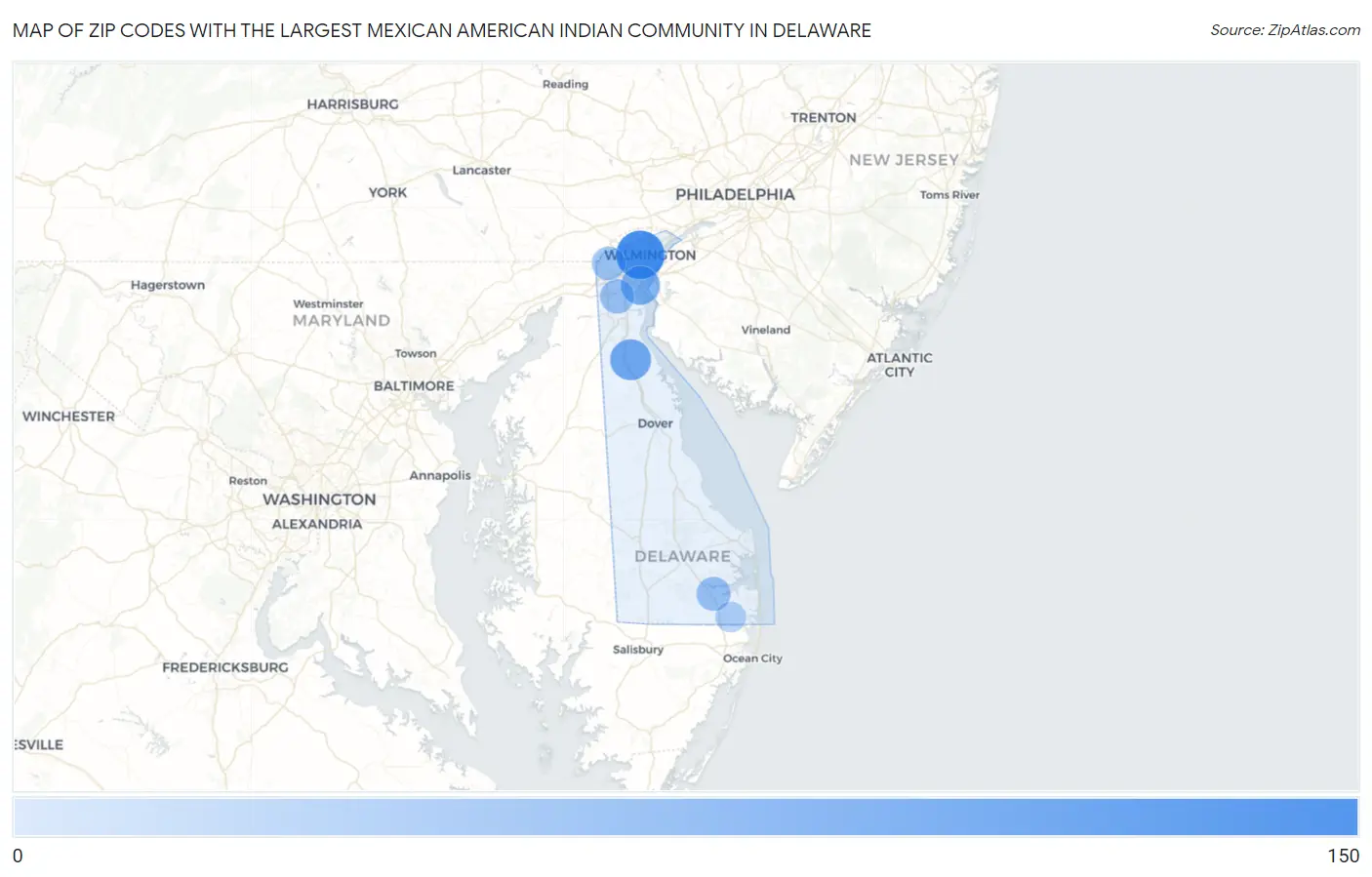 Zip Codes with the Largest Mexican American Indian Community in Delaware Map
