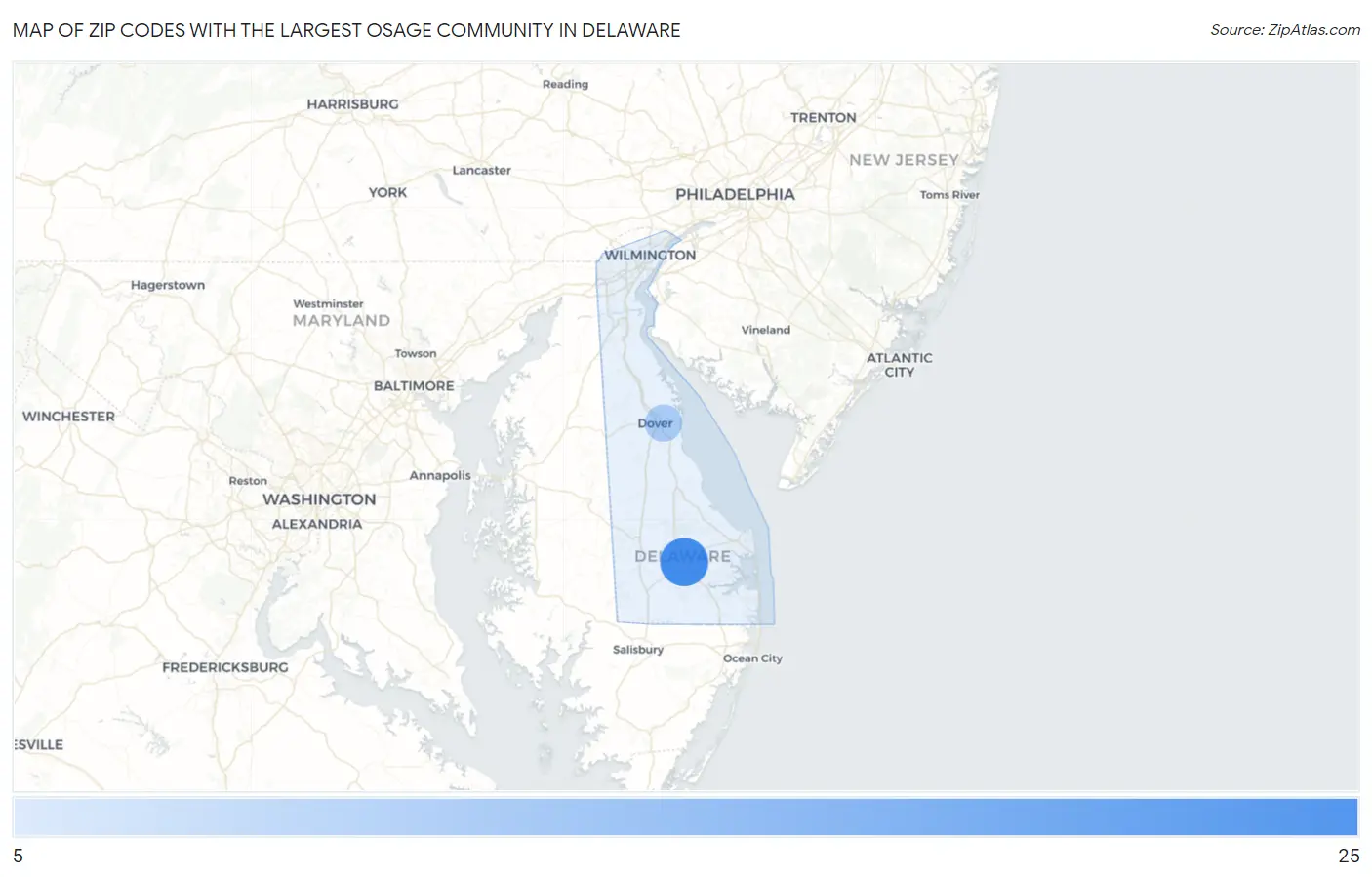 Zip Codes with the Largest Osage Community in Delaware Map