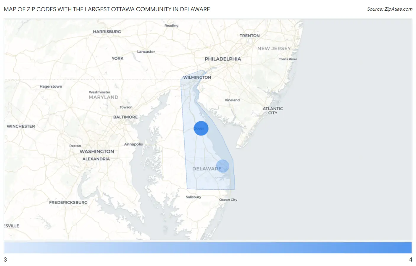 Zip Codes with the Largest Ottawa Community in Delaware Map