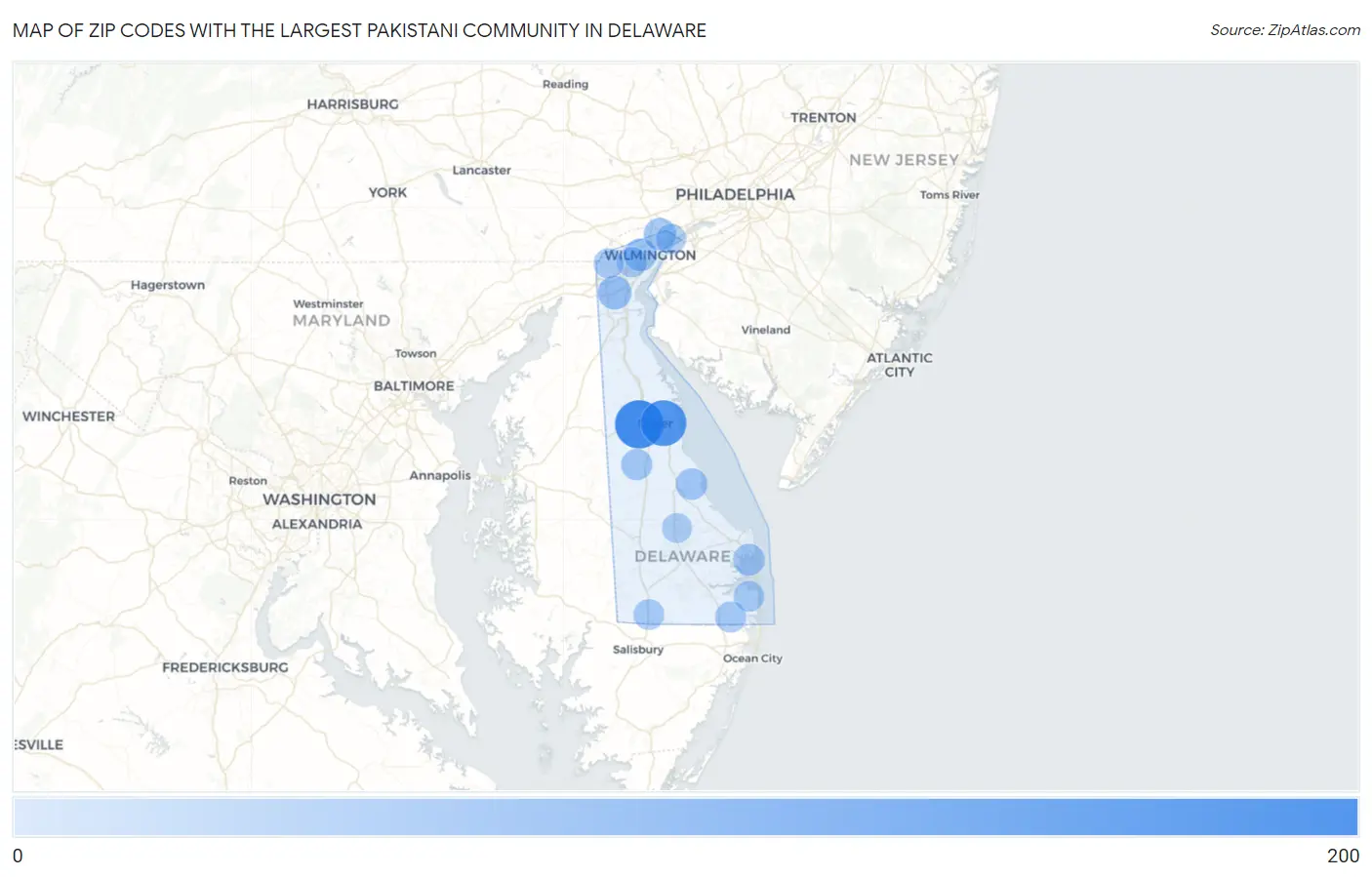 Zip Codes with the Largest Pakistani Community in Delaware Map