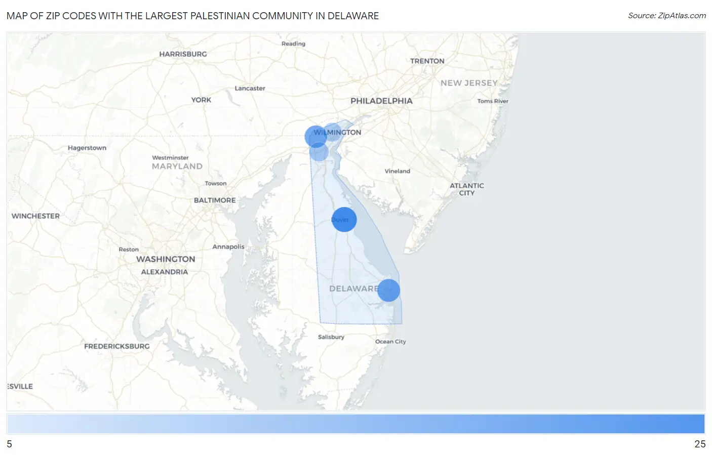 Zip Codes with the Largest Palestinian Community in Delaware Map