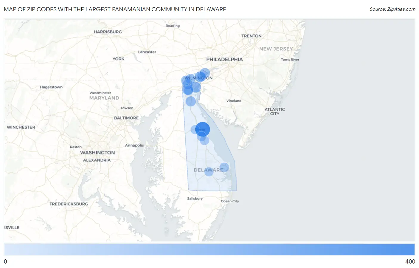 Zip Codes with the Largest Panamanian Community in Delaware Map