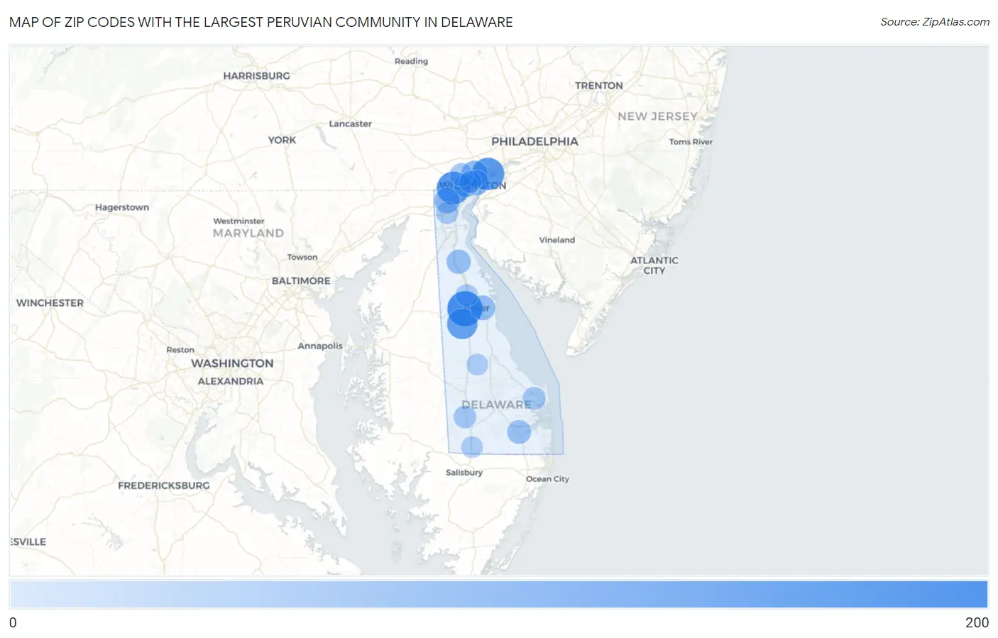 Zip Codes with the Largest Peruvian Community in Delaware Map