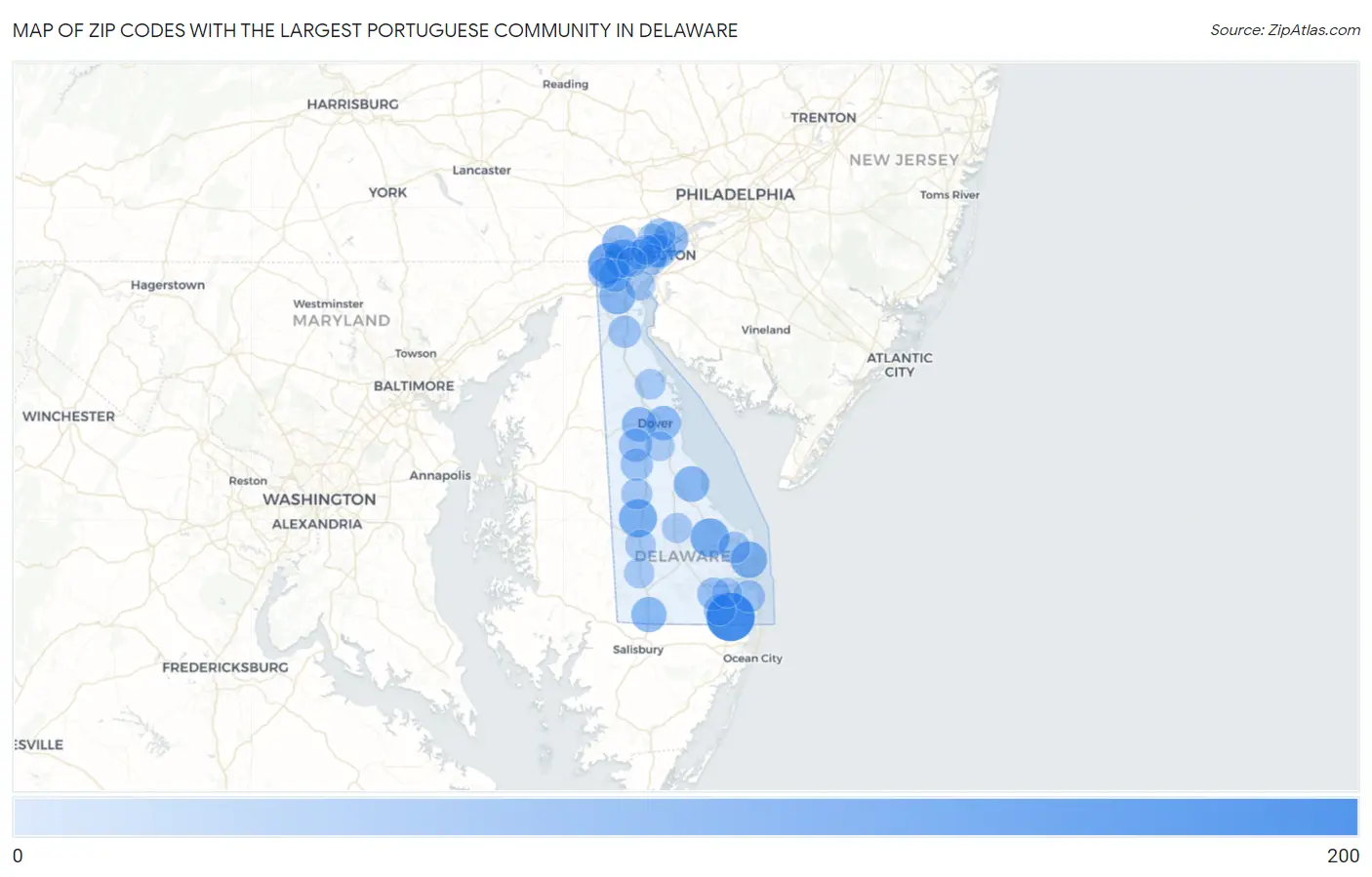 Zip Codes with the Largest Portuguese Community in Delaware Map