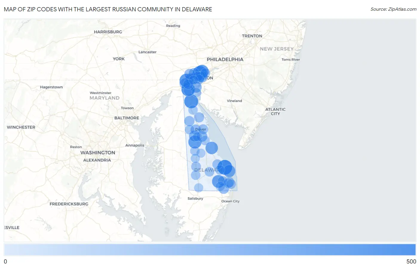 Zip Codes with the Largest Russian Community in Delaware Map