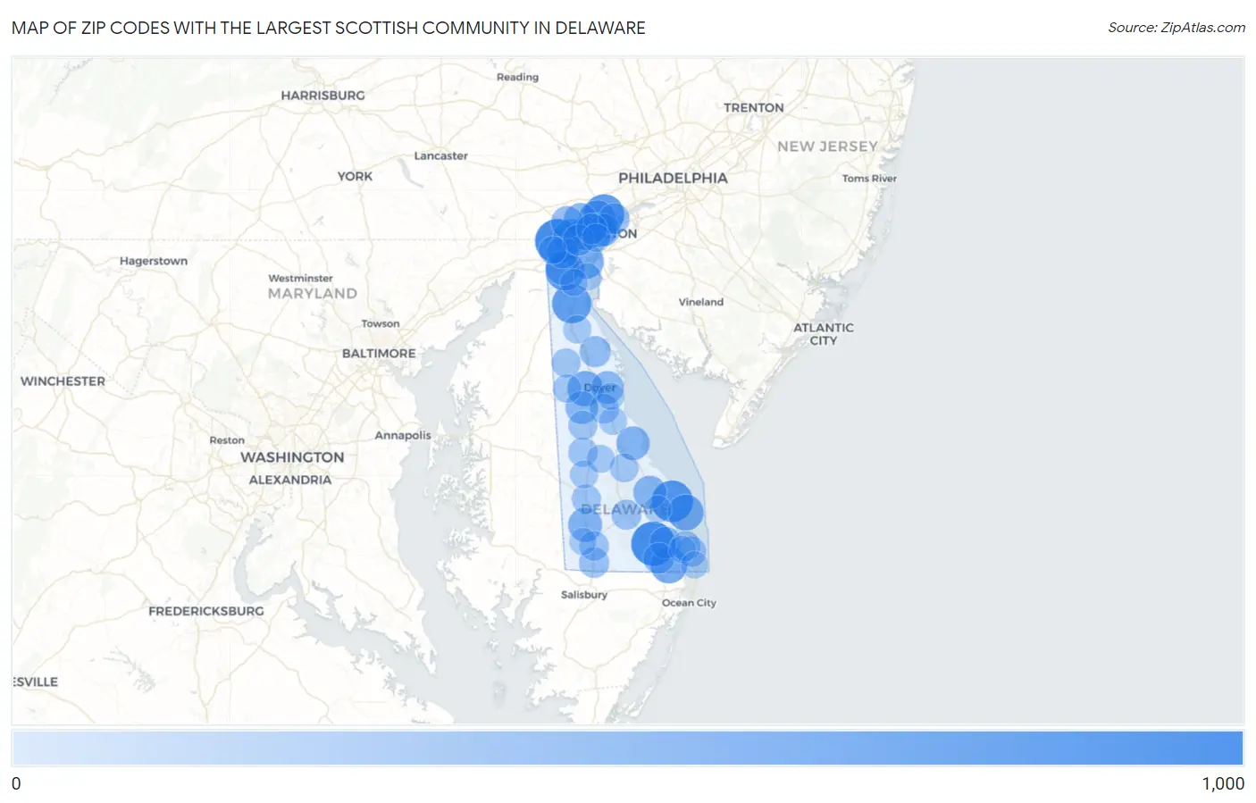 Zip Codes with the Largest Scottish Community in Delaware Map