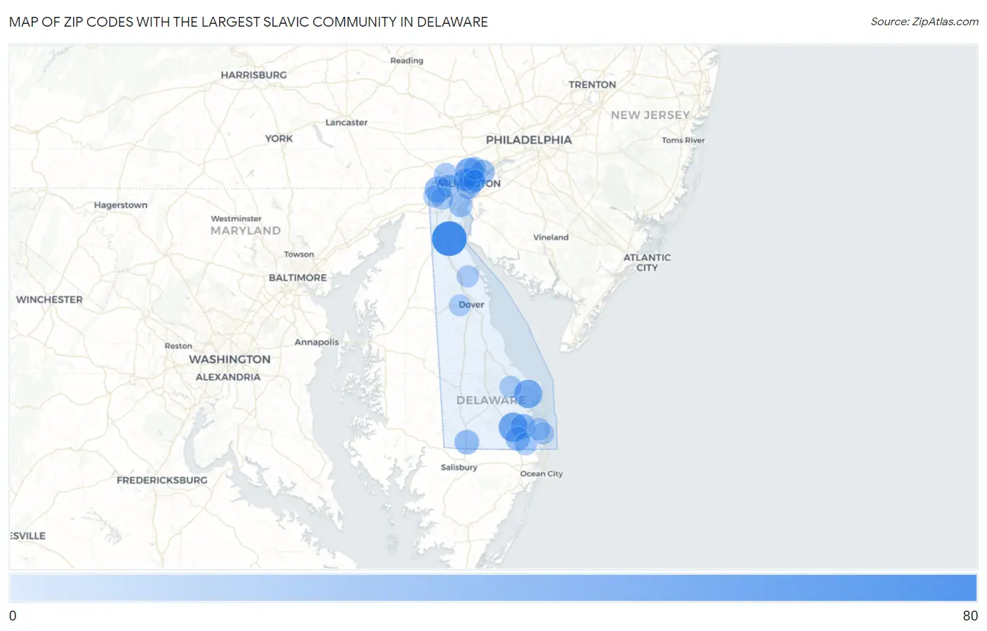 Zip Codes with the Largest Slavic Community in Delaware Map