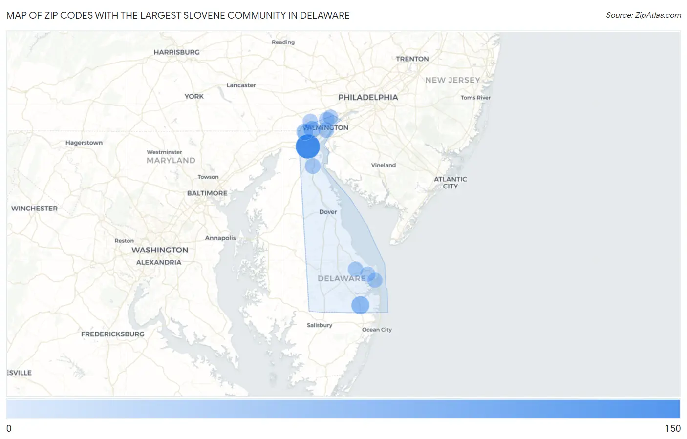 Zip Codes with the Largest Slovene Community in Delaware Map