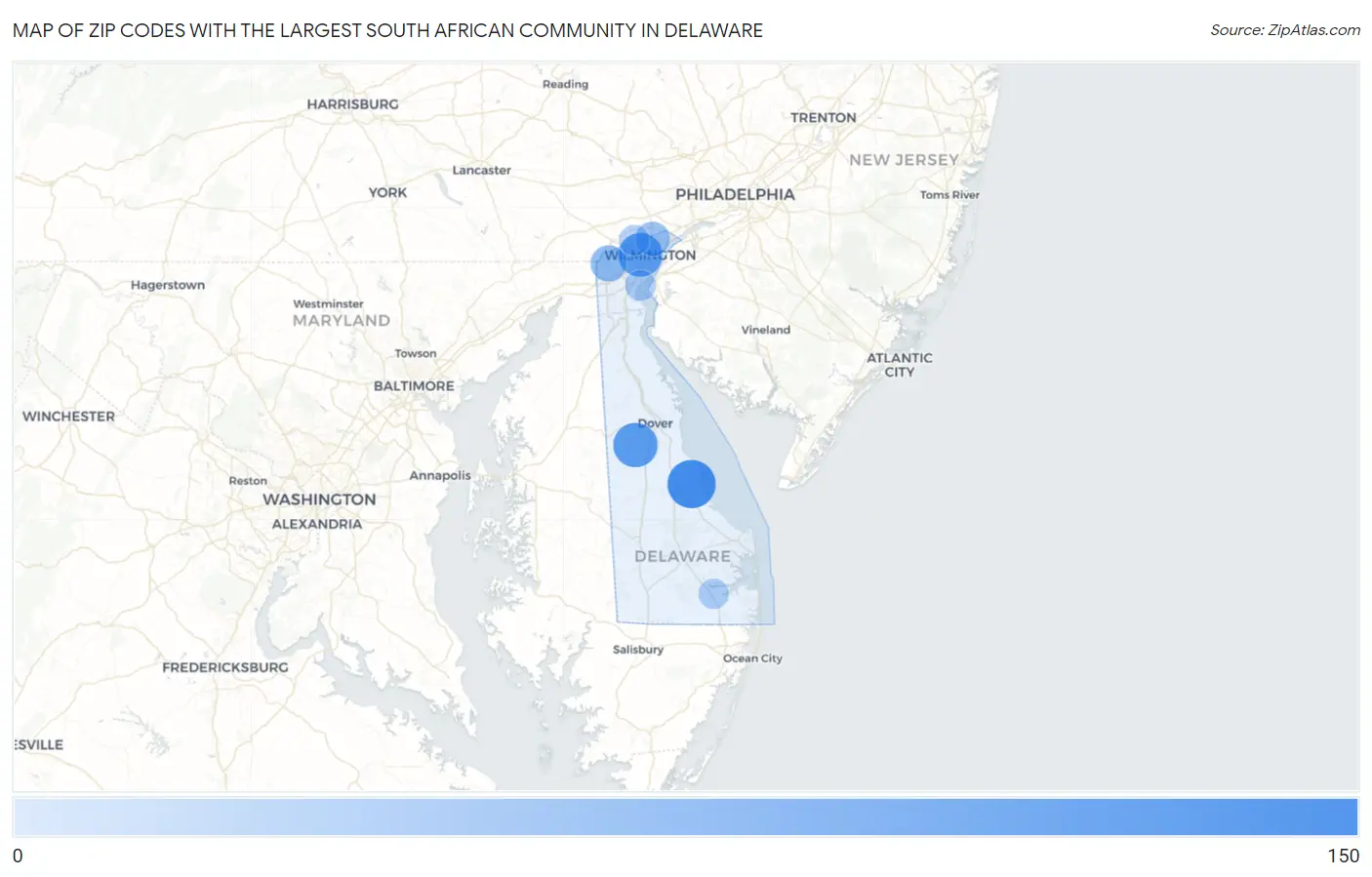Zip Codes with the Largest South African Community in Delaware Map