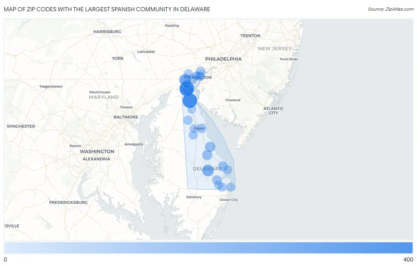 Zip Codes with the Largest Spanish Community in Delaware Map