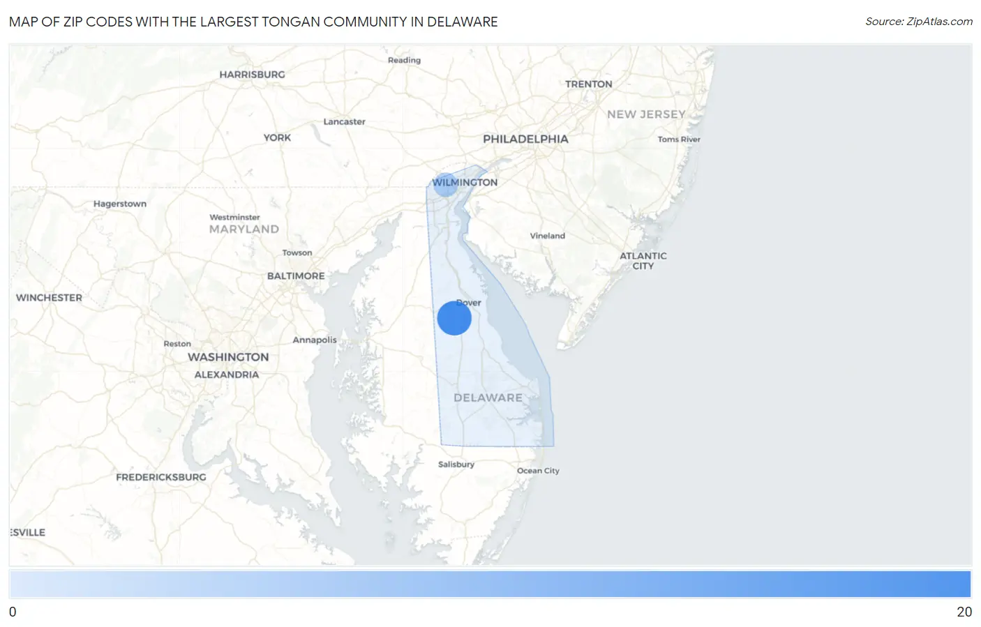 Zip Codes with the Largest Tongan Community in Delaware Map