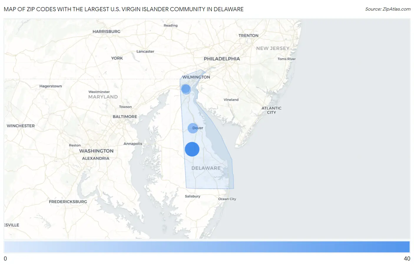 Zip Codes with the Largest U.S. Virgin Islander Community in Delaware Map