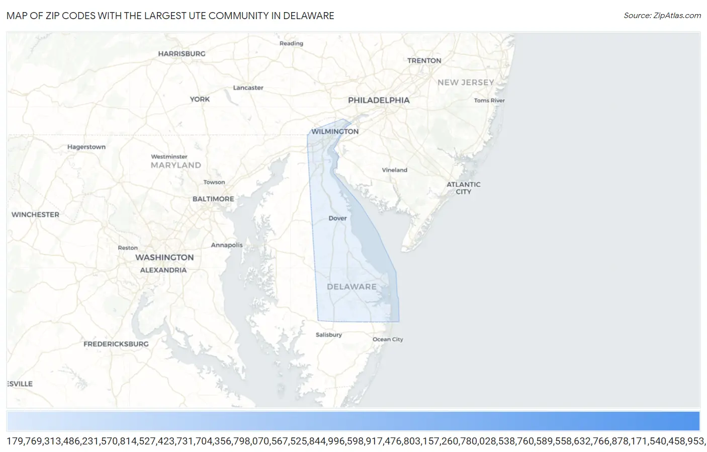 Zip Codes with the Largest Ute Community in Delaware Map