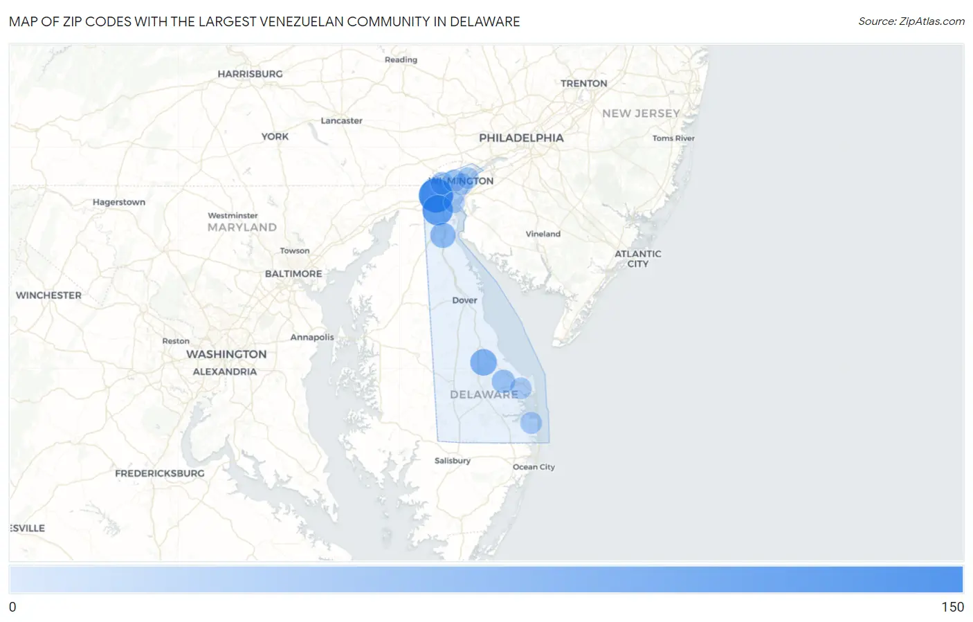 Zip Codes with the Largest Venezuelan Community in Delaware Map