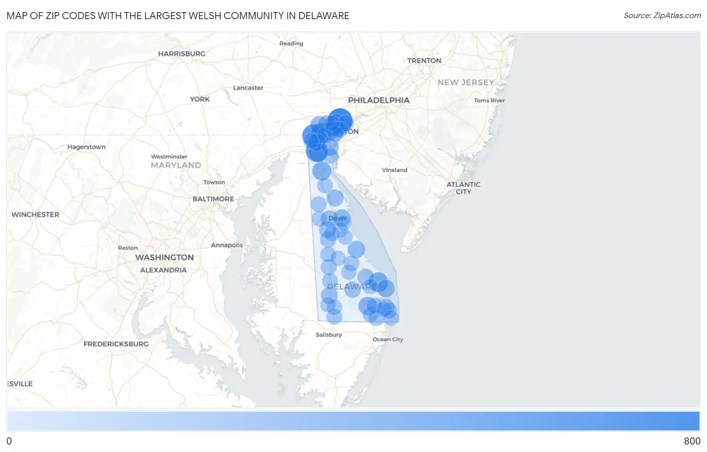 Zip Codes with the Largest Welsh Community in Delaware Map