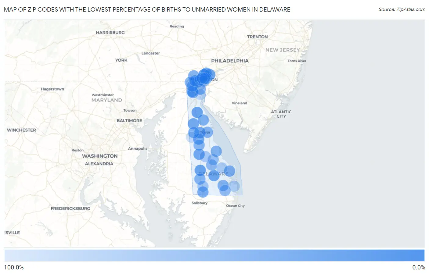 Zip Codes with the Lowest Percentage of Births to Unmarried Women in Delaware Map