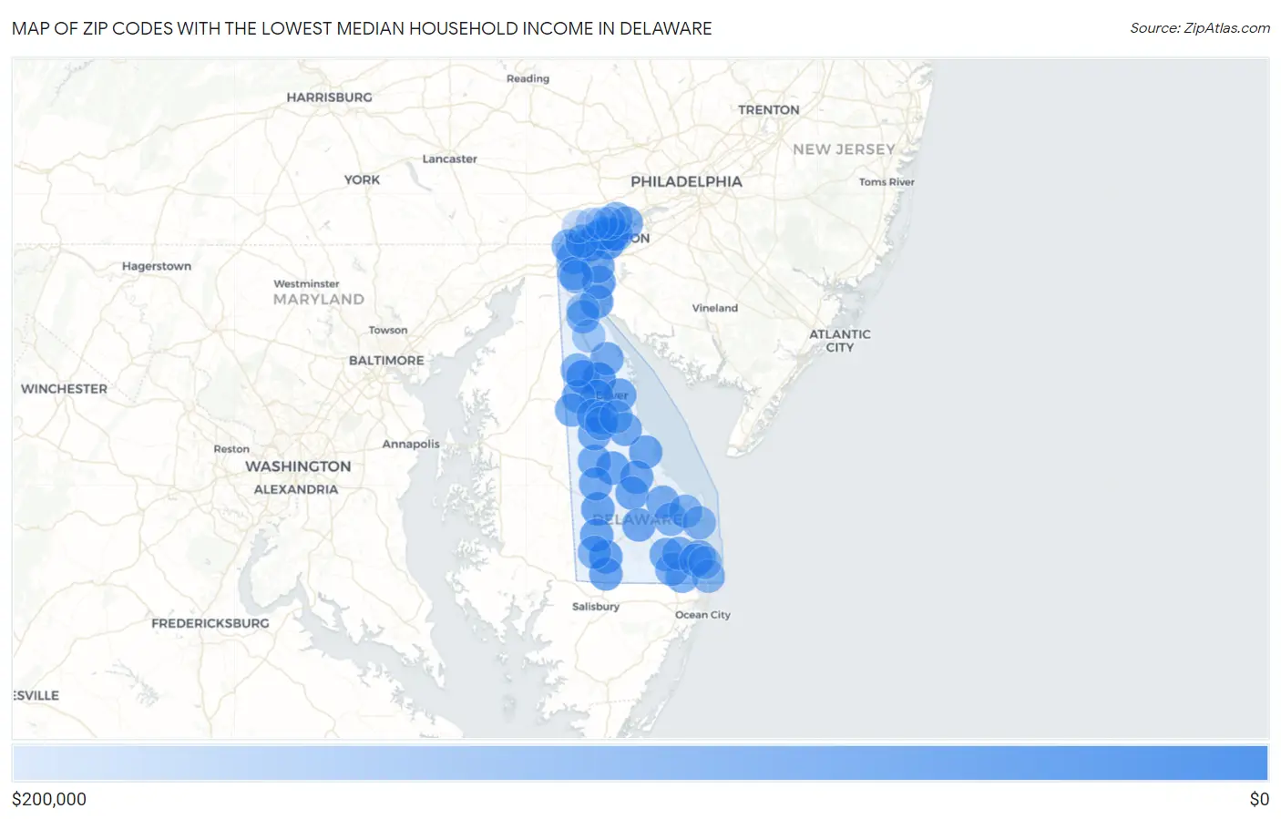 Zip Codes with the Lowest Median Household Income in Delaware Map