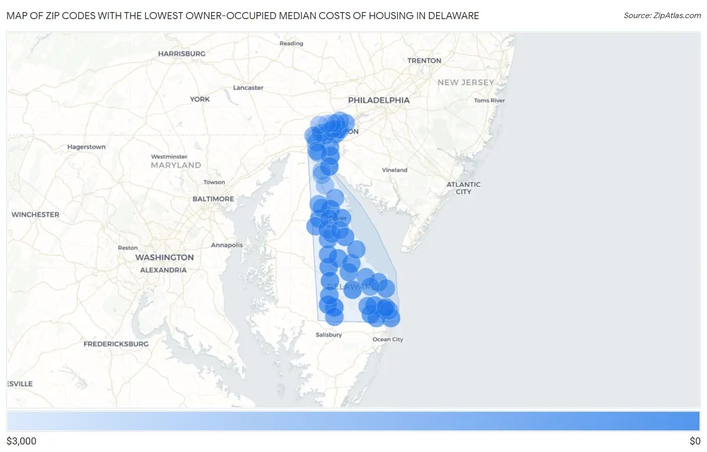 Zip Codes with the Lowest Owner-Occupied Median Costs of Housing in Delaware Map