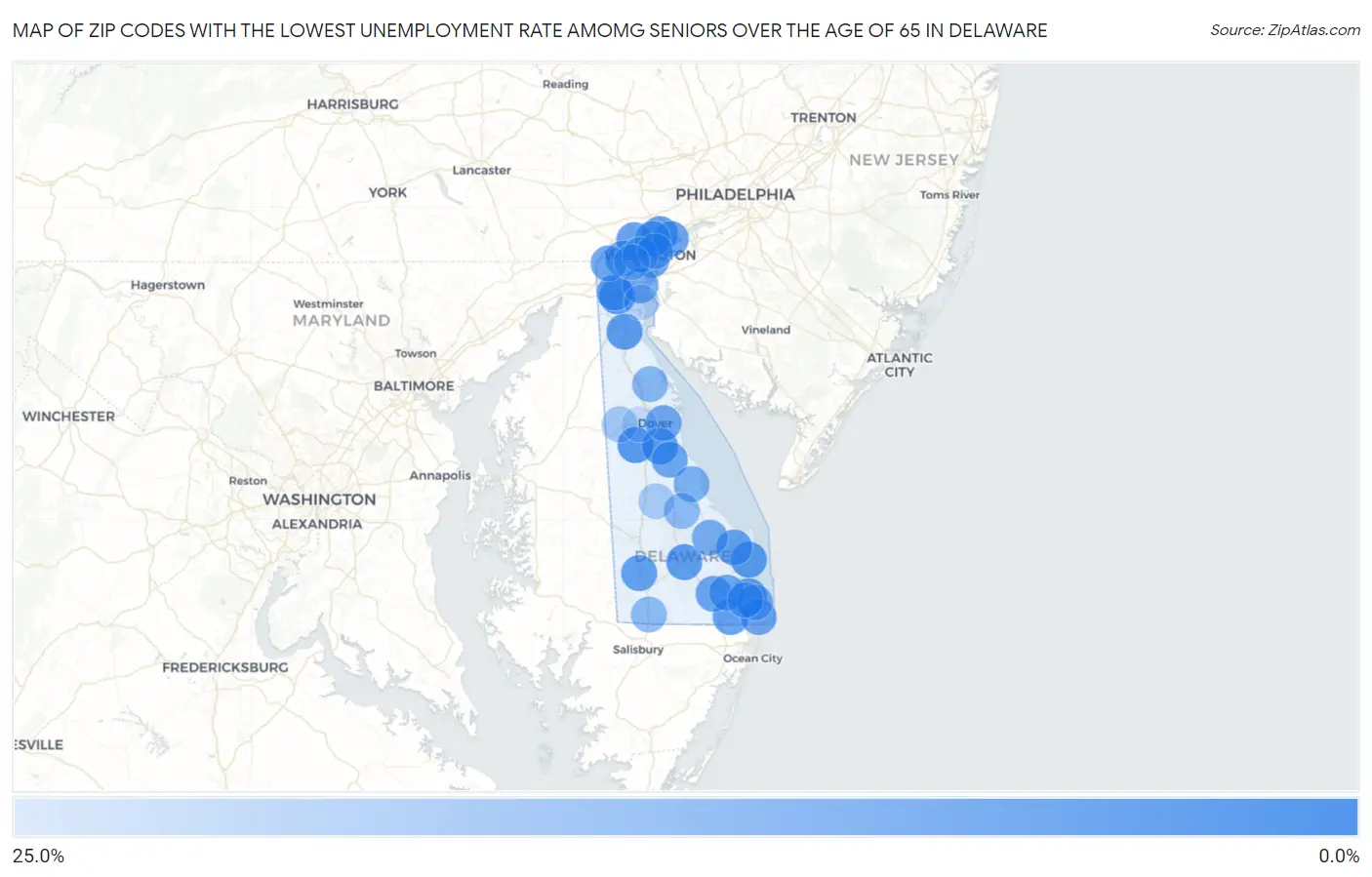 Zip Codes with the Lowest Unemployment Rate Amomg Seniors Over the Age of 65 in Delaware Map