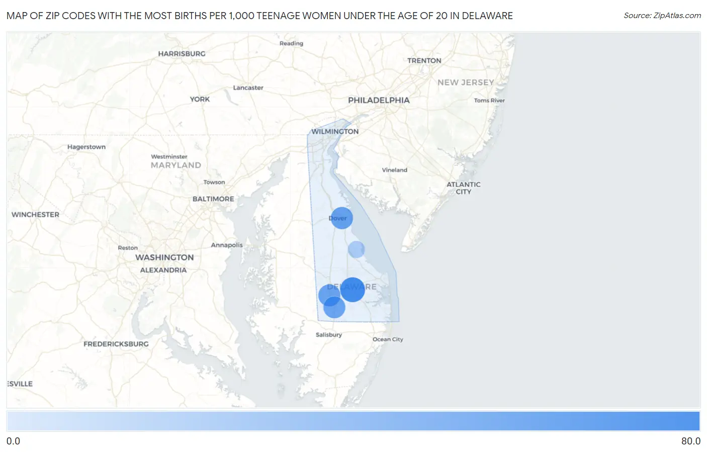 Zip Codes with the Most Births per 1,000 Teenage Women Under the Age of 20 in Delaware Map