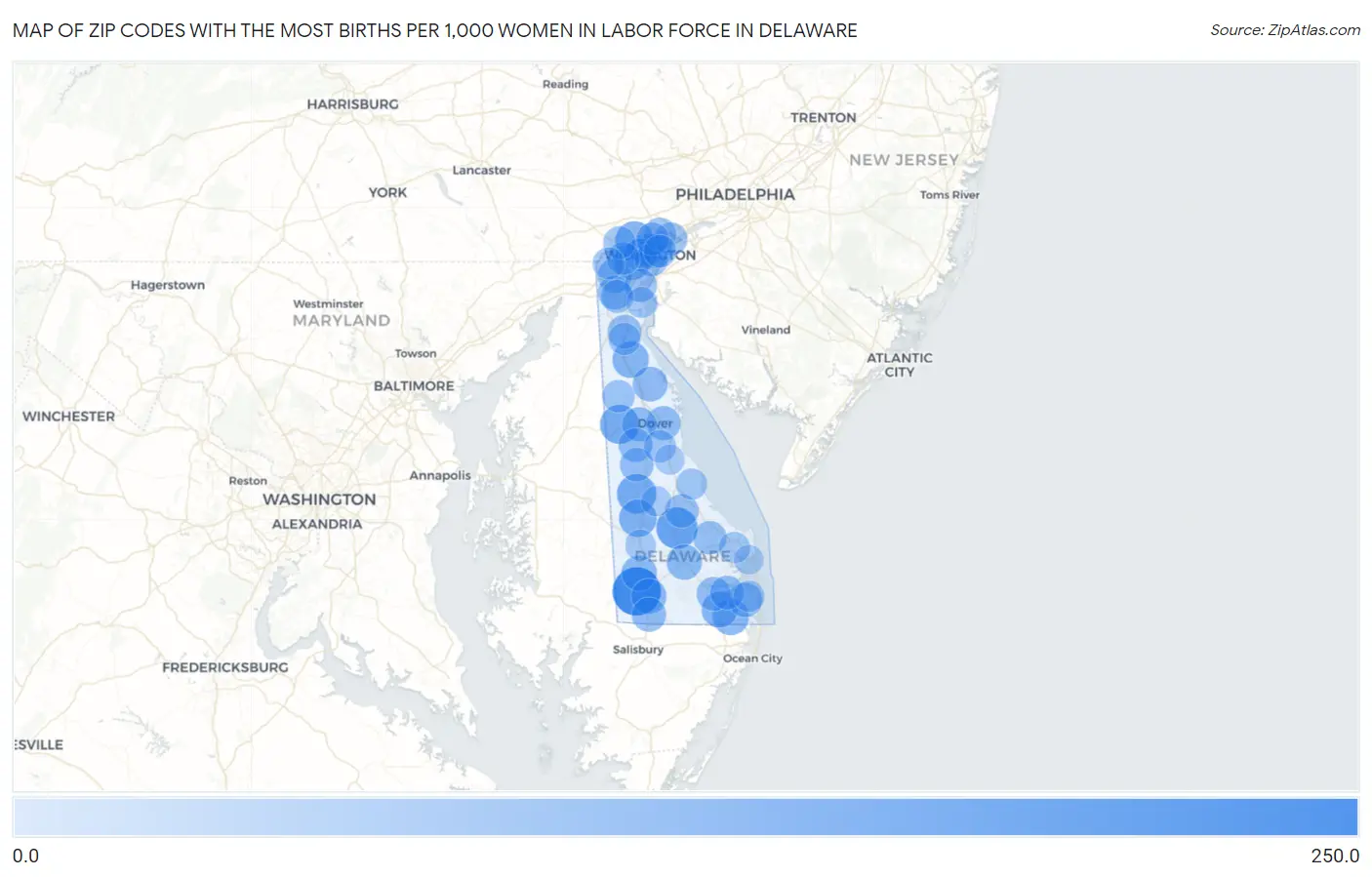 Zip Codes with the Most Births per 1,000 Women in Labor Force in Delaware Map
