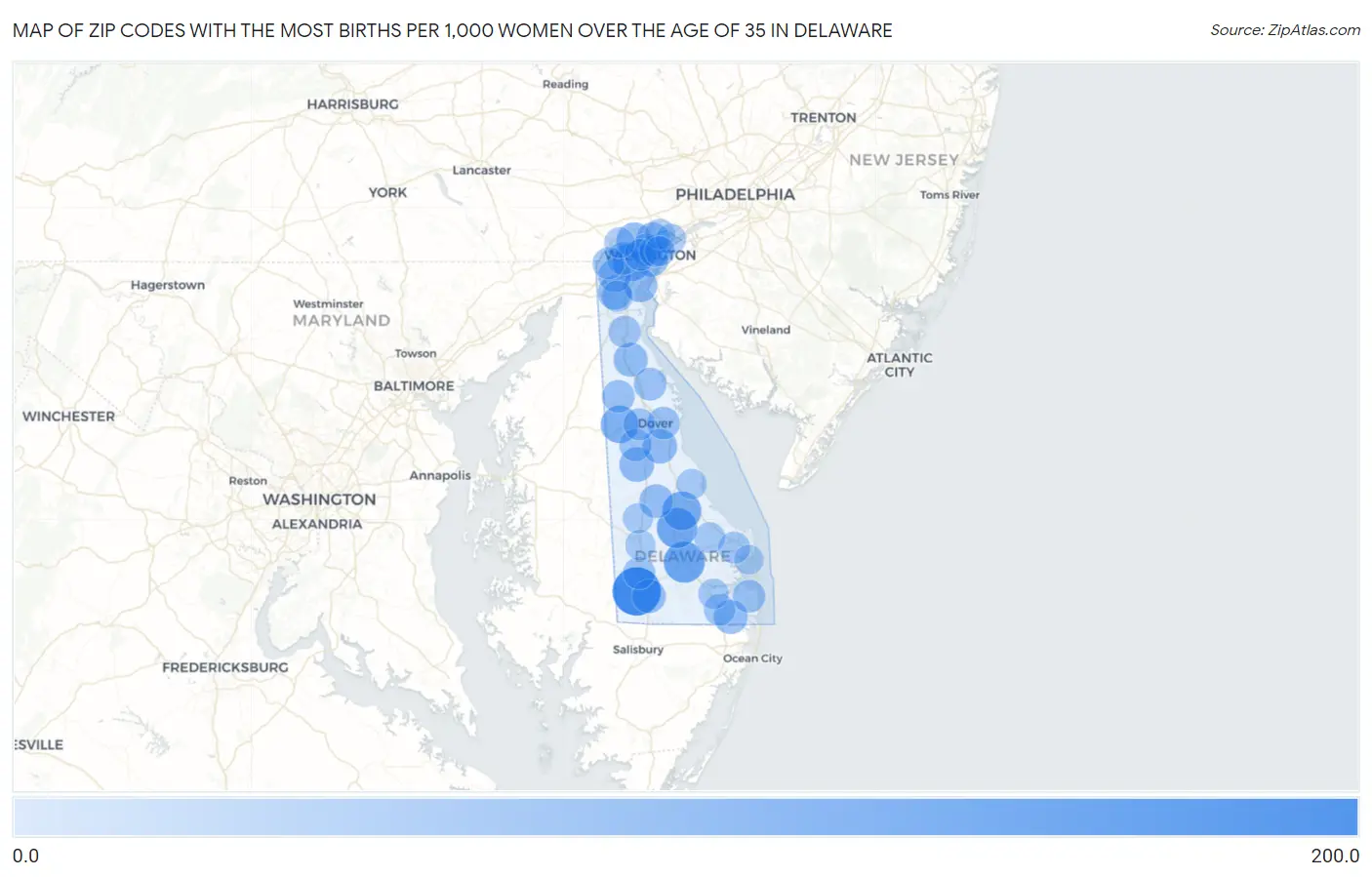 Zip Codes with the Most Births per 1,000 Women Over the Age of 35 in Delaware Map