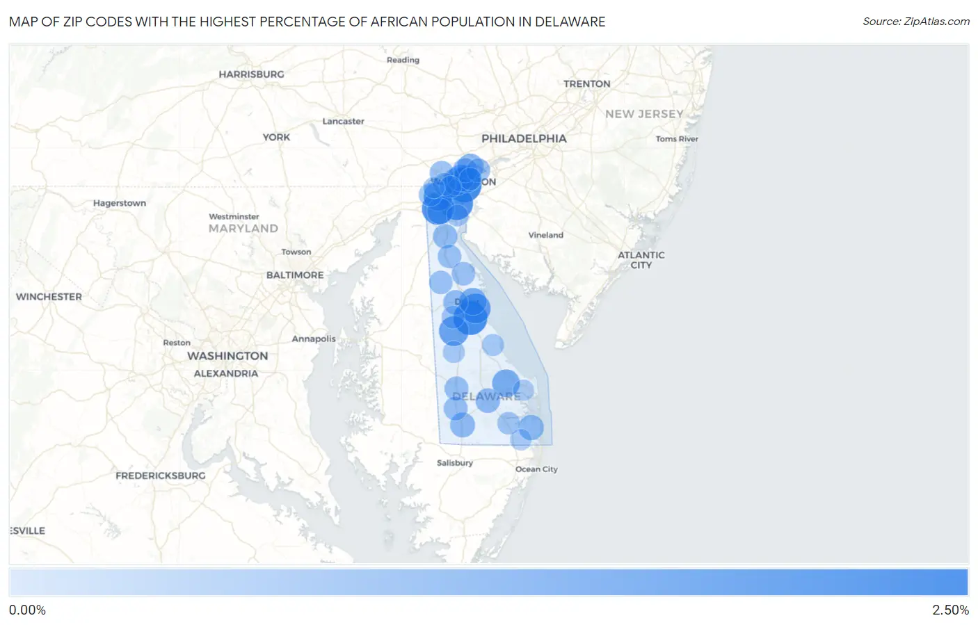 Zip Codes with the Highest Percentage of African Population in Delaware Map