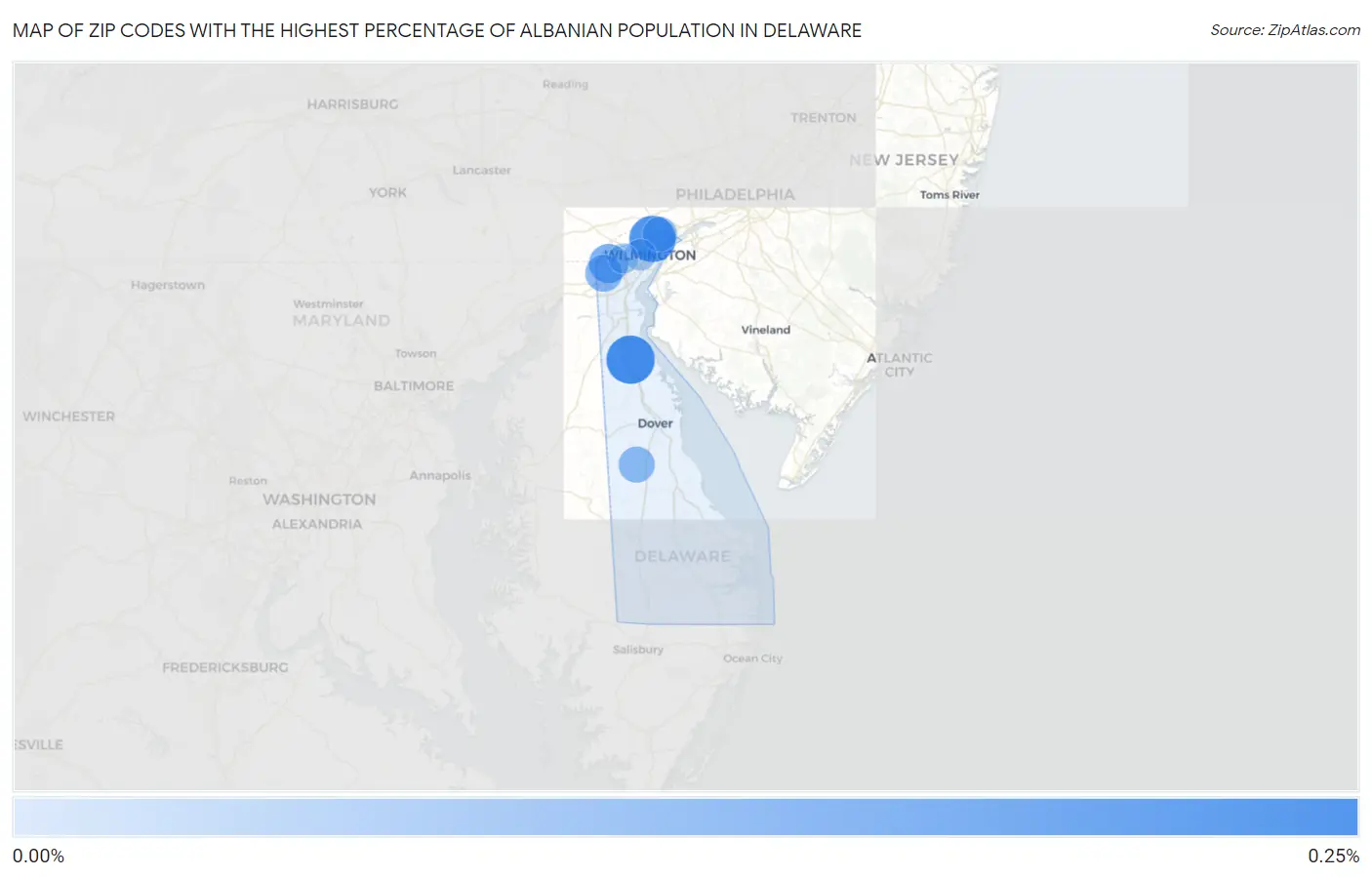 Zip Codes with the Highest Percentage of Albanian Population in Delaware Map