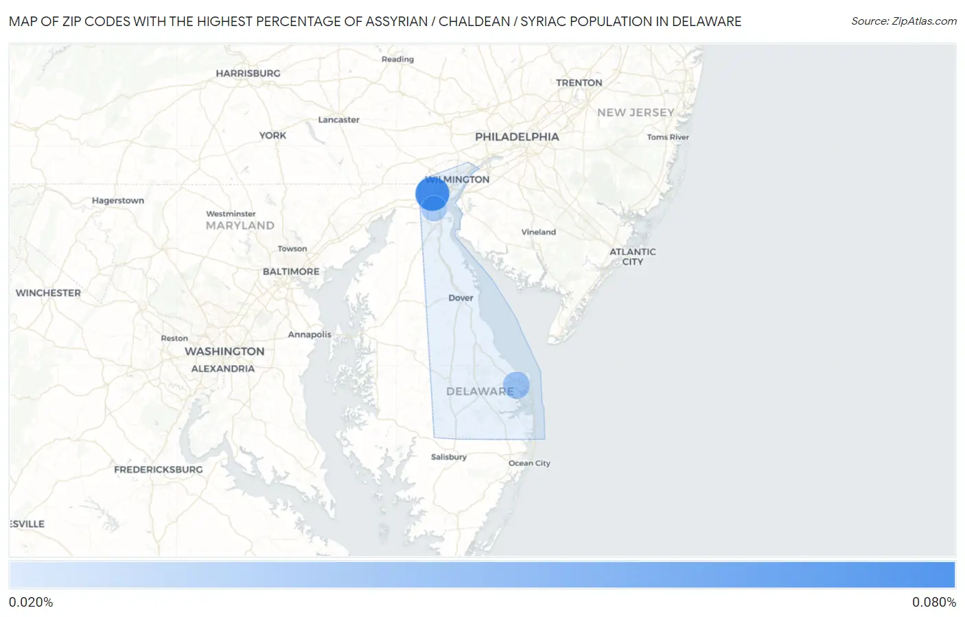 Zip Codes with the Highest Percentage of Assyrian / Chaldean / Syriac Population in Delaware Map