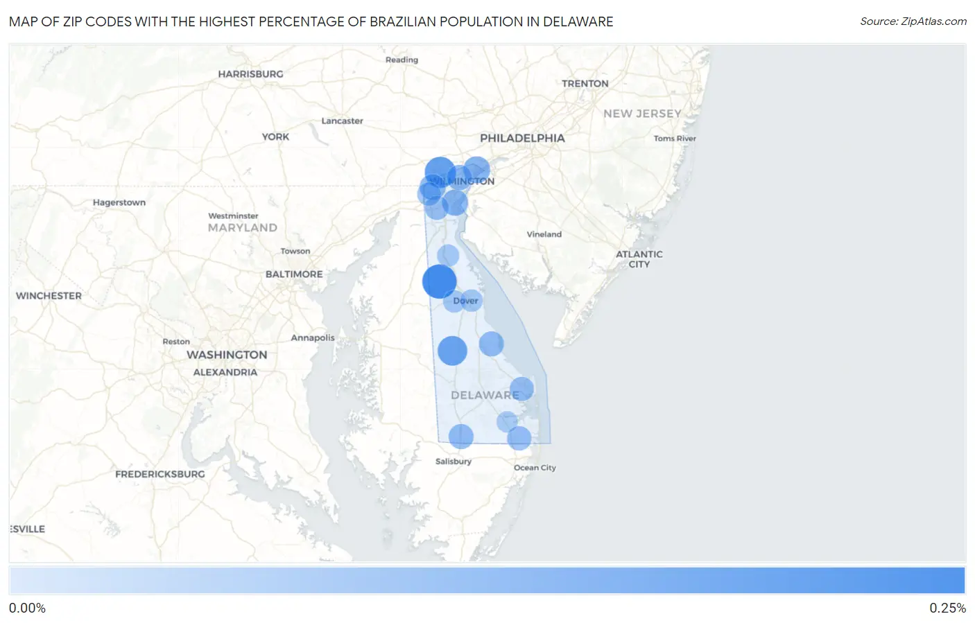Zip Codes with the Highest Percentage of Brazilian Population in Delaware Map