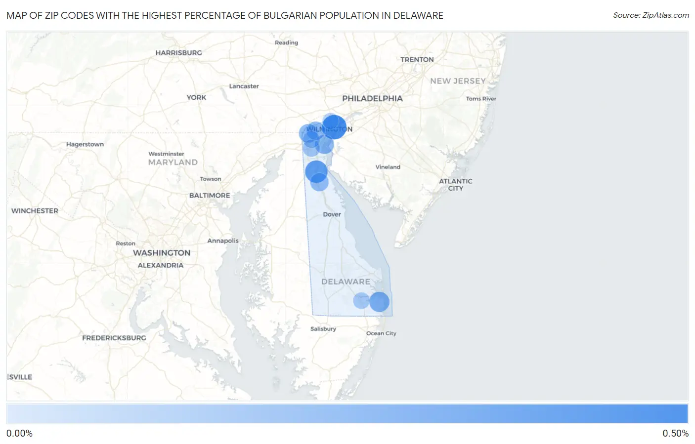 Zip Codes with the Highest Percentage of Bulgarian Population in Delaware Map