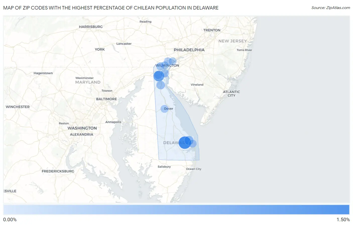 Zip Codes with the Highest Percentage of Chilean Population in Delaware Map