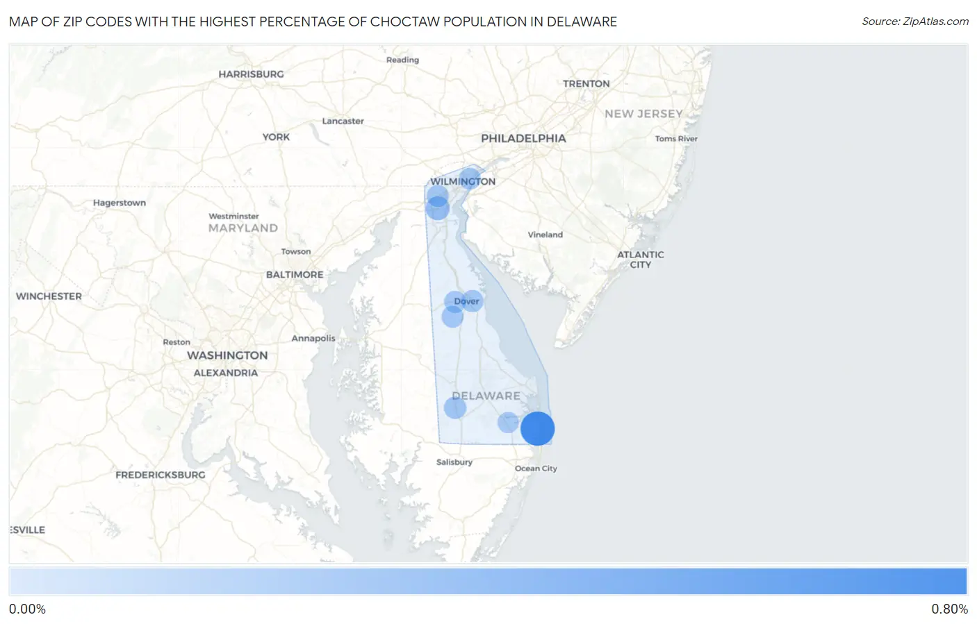Zip Codes with the Highest Percentage of Choctaw Population in Delaware Map