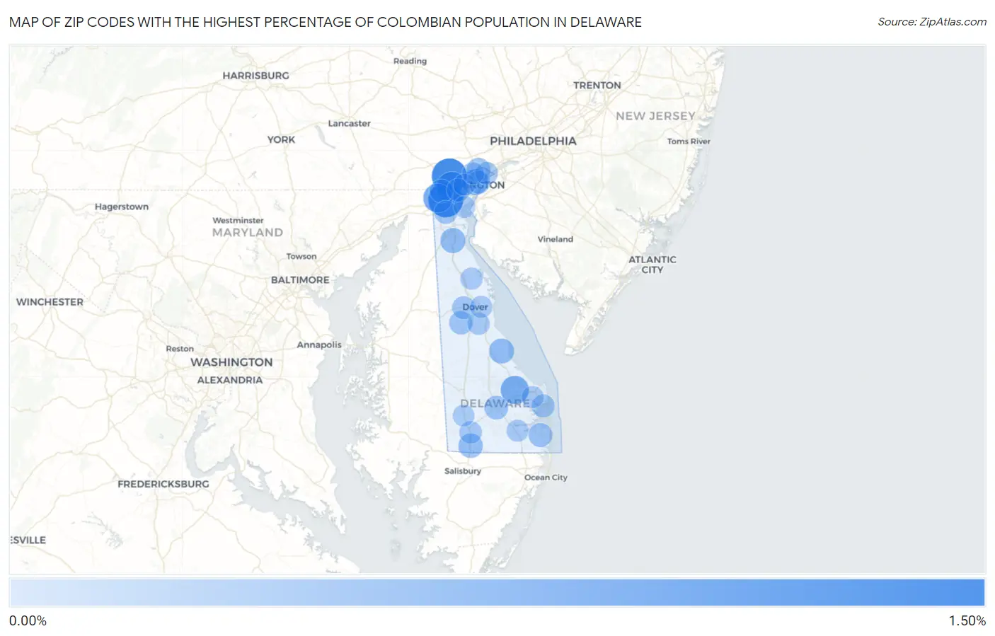 Zip Codes with the Highest Percentage of Colombian Population in Delaware Map