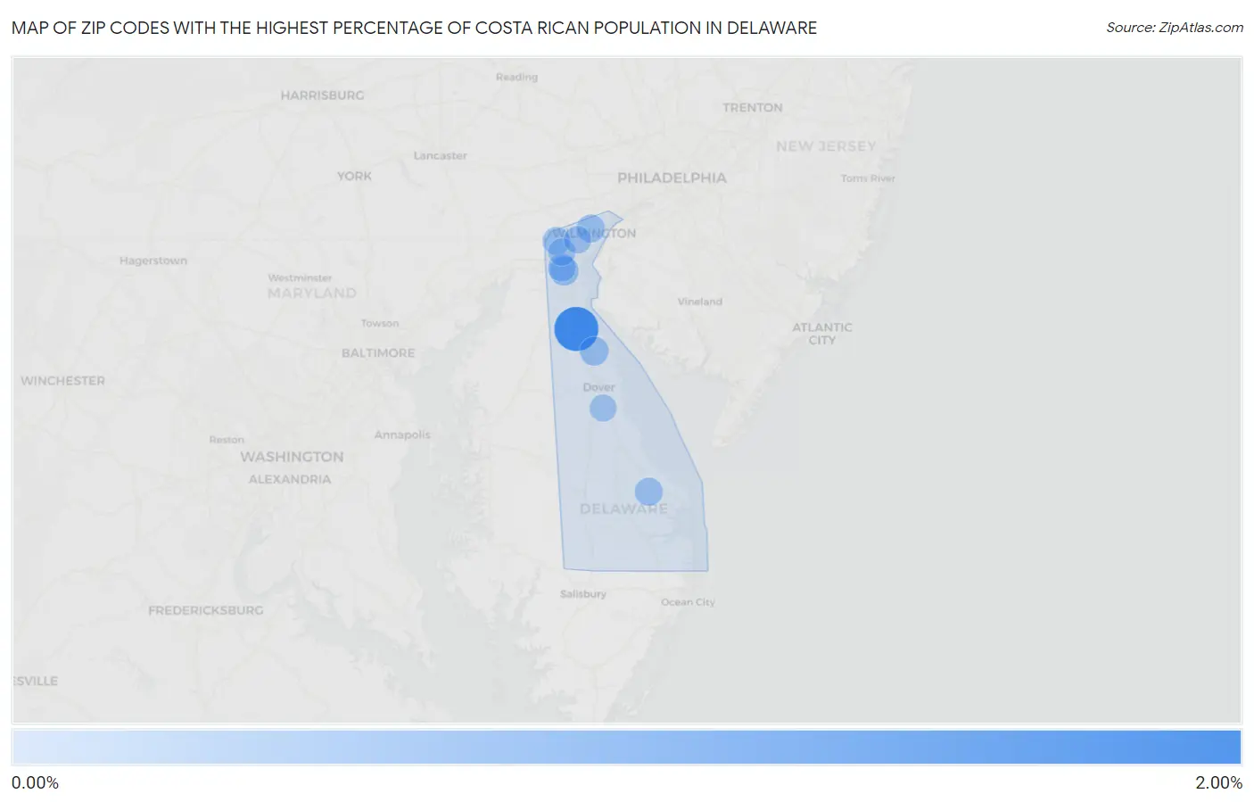 Zip Codes with the Highest Percentage of Costa Rican Population in Delaware Map