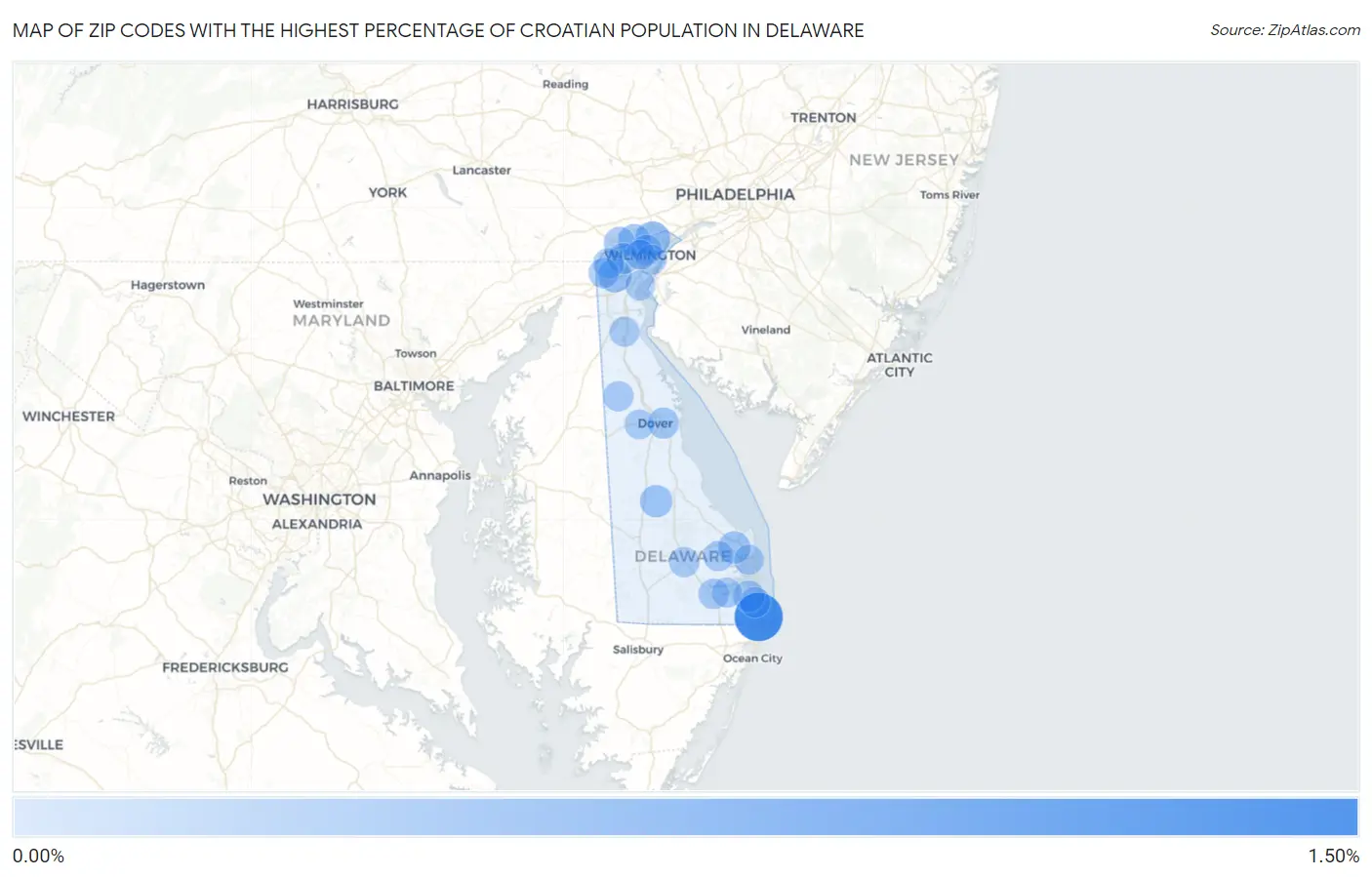 Zip Codes with the Highest Percentage of Croatian Population in Delaware Map