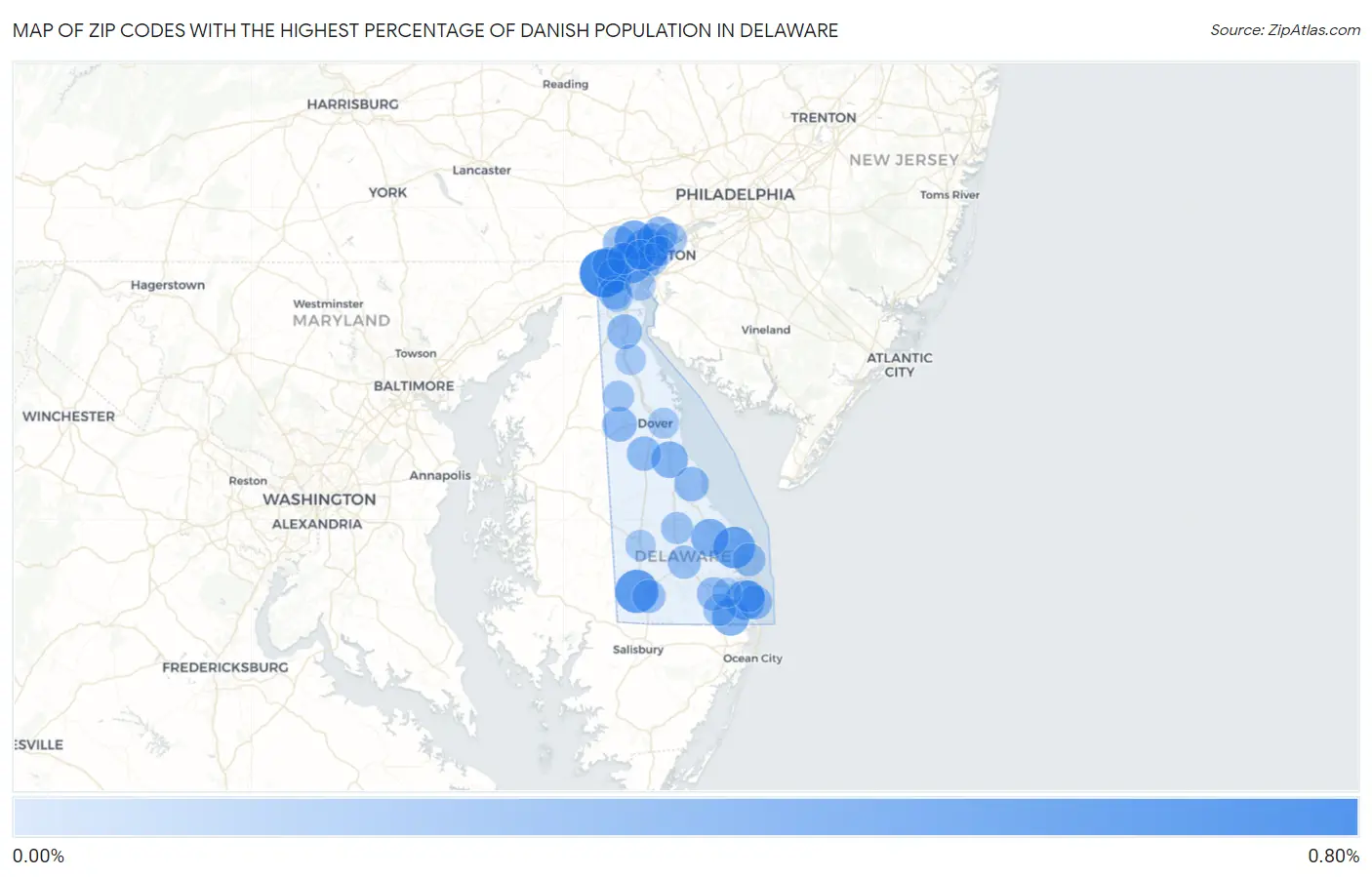 Zip Codes with the Highest Percentage of Danish Population in Delaware Map